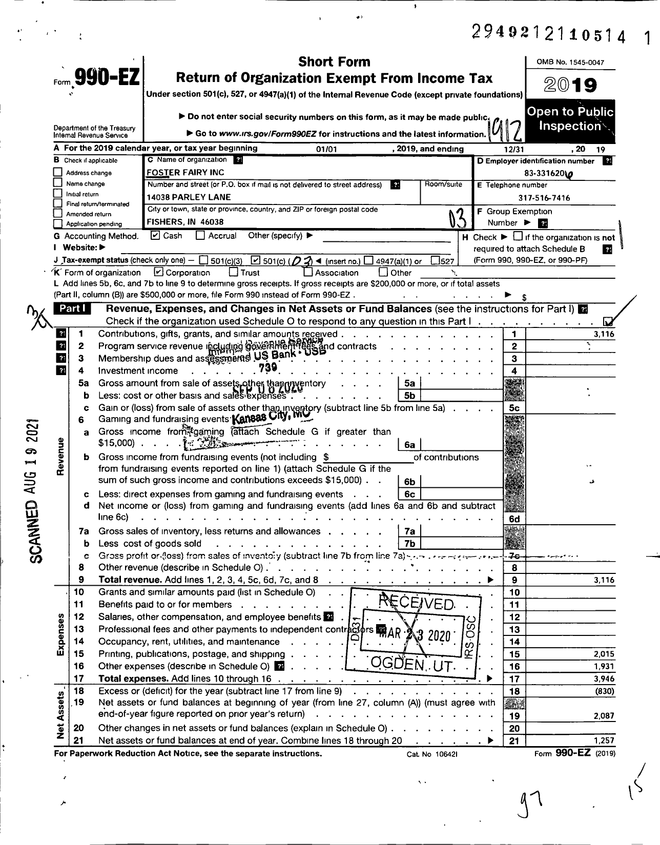 Image of first page of 2019 Form 990EZ for Foster Fairy