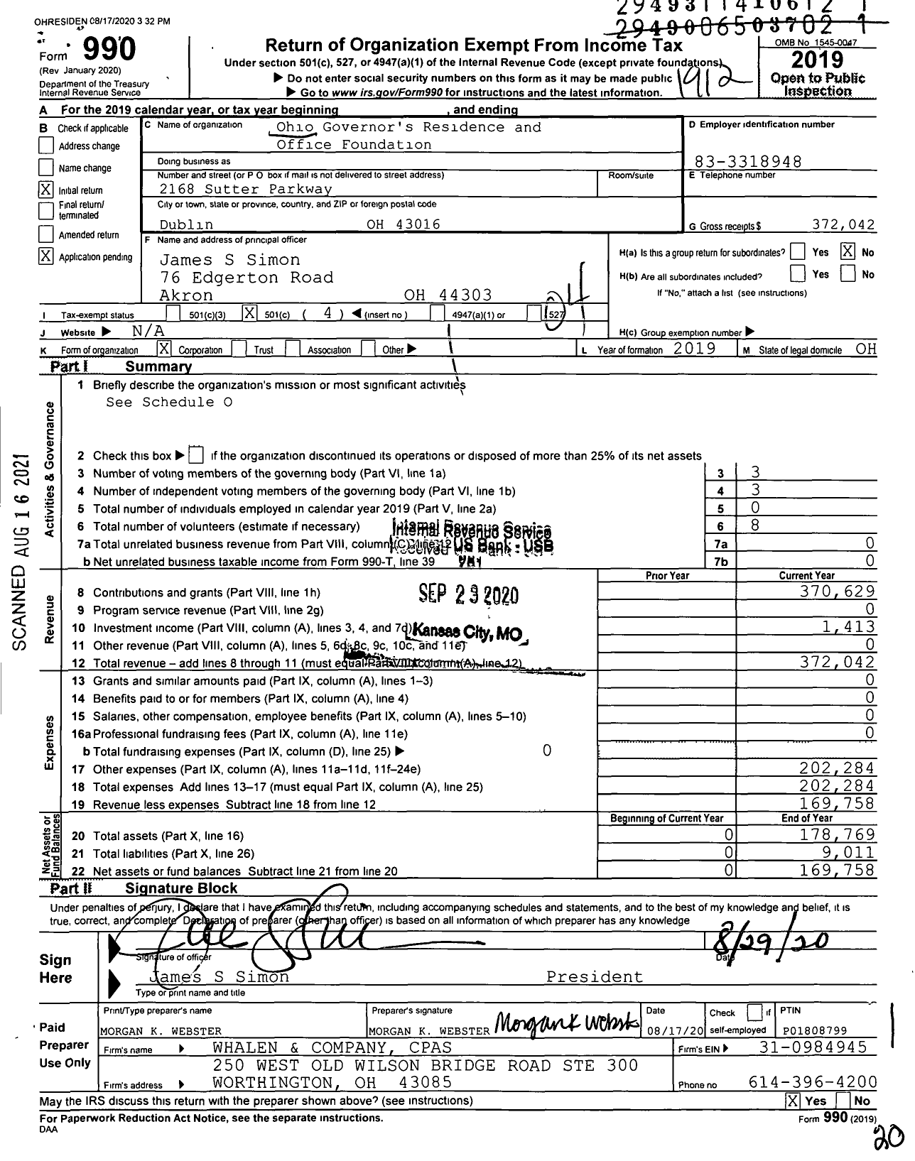 Image of first page of 2019 Form 990O for Ohio Governor's Residence and Office Foundation