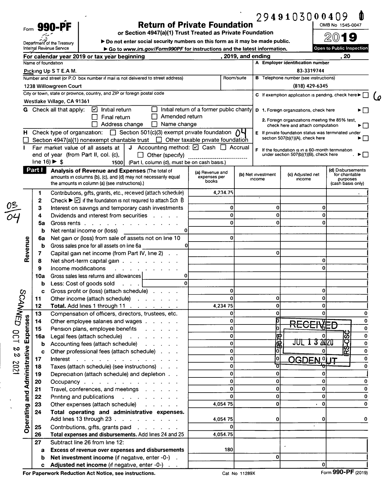 Image of first page of 2019 Form 990PF for Picking Up STEAM