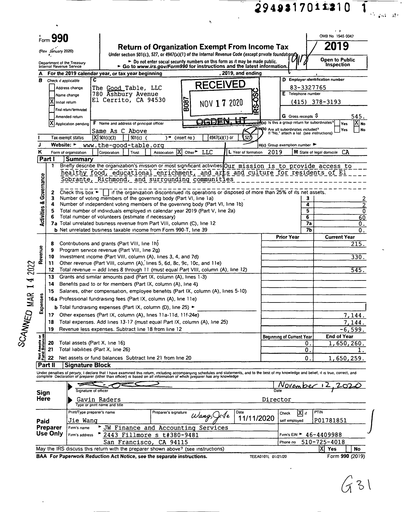 Image of first page of 2019 Form 990 for The Good Table LLC