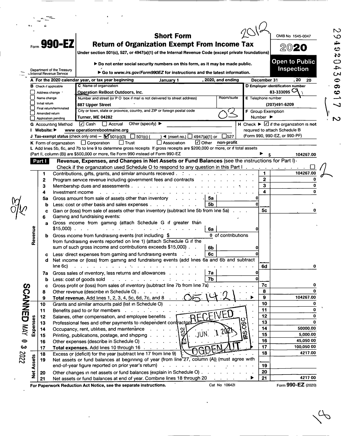 Image of first page of 2020 Form 990EZ for Operation Reboot Outdoors