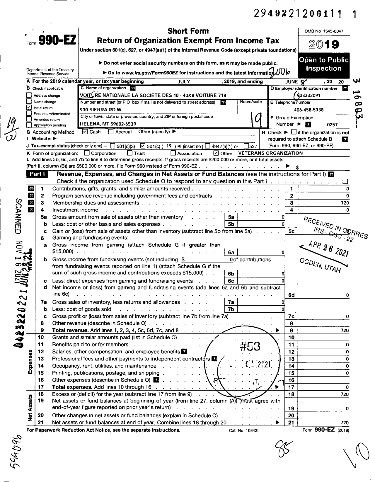 Image of first page of 2019 Form 990EO for The Forty and Eight - 40&8 Voiture 718