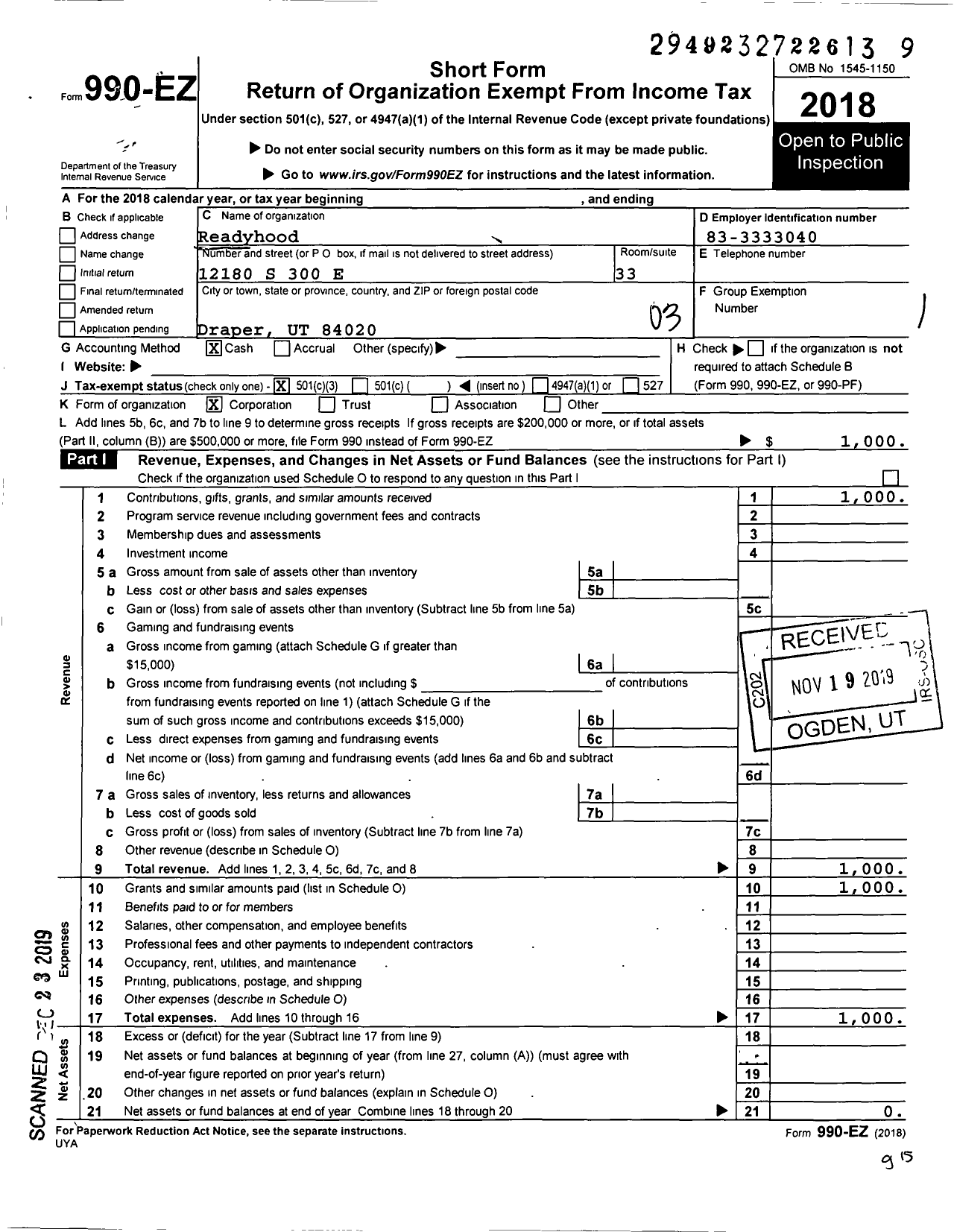 Image of first page of 2018 Form 990EZ for Readyhood