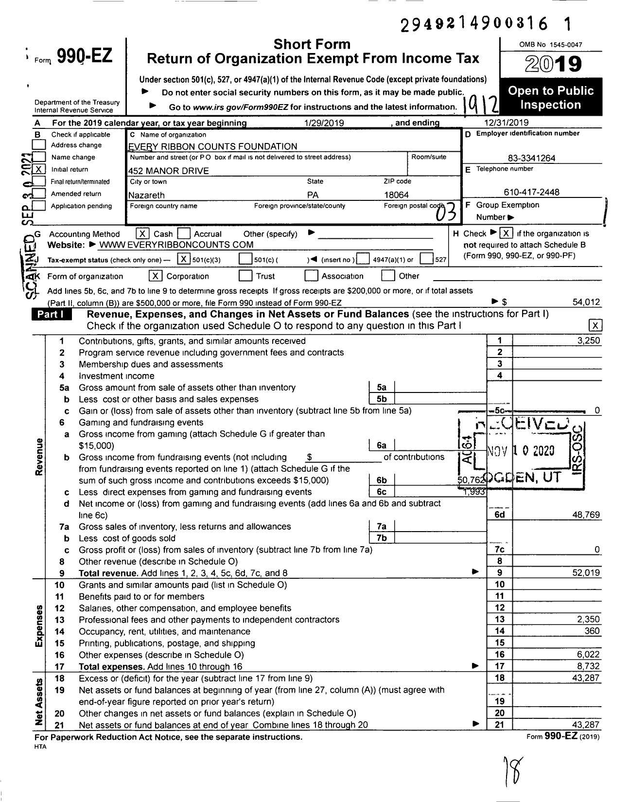 Image of first page of 2019 Form 990EZ for Every Ribbon Counts Foundation