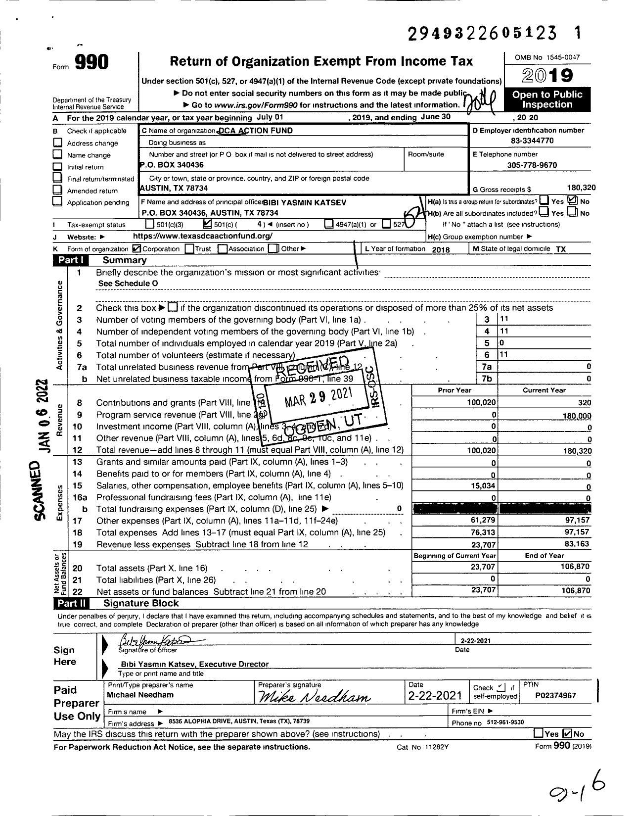 Image of first page of 2019 Form 990O for Dca Action Fund