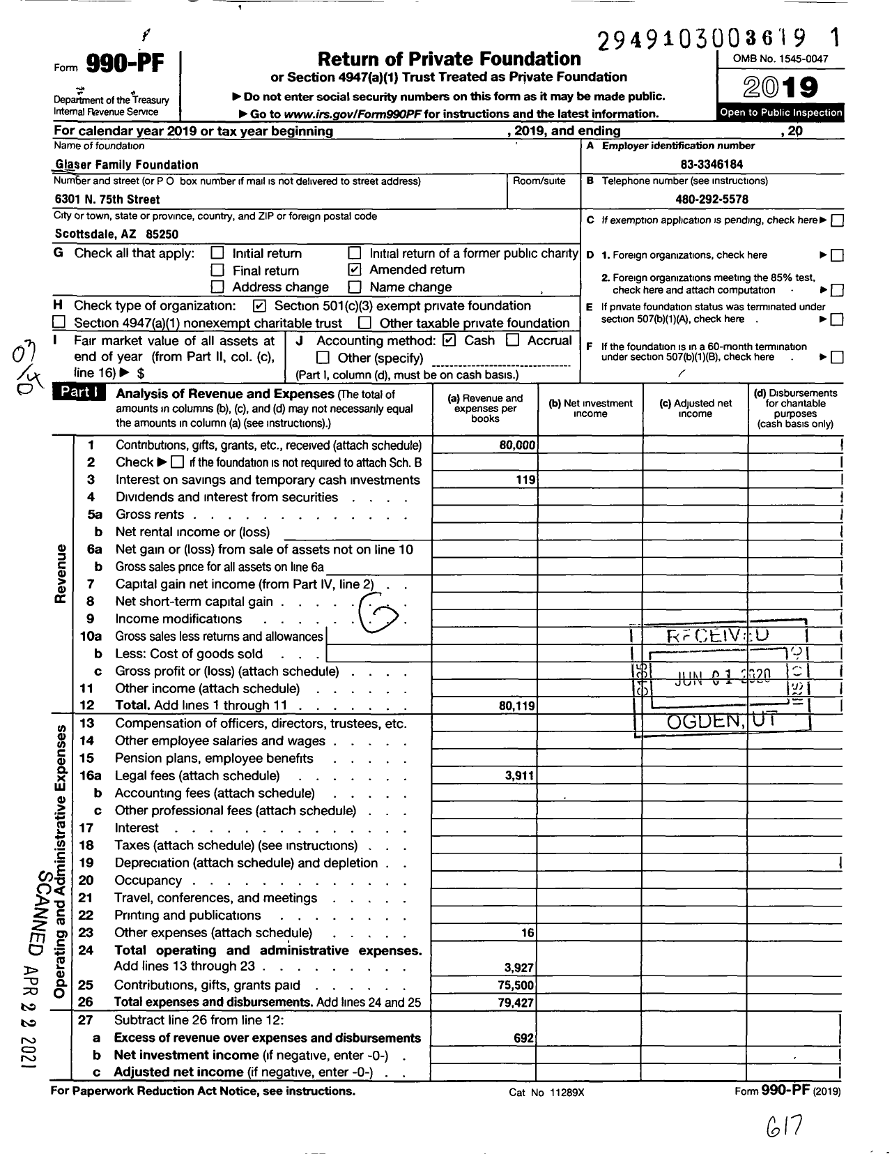 Image of first page of 2019 Form 990PF for Glaser Family Foundation