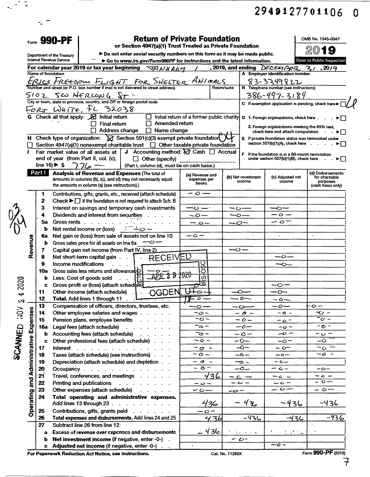 Image of first page of 2019 Form 990PF for Erics Freedom Flight for Shelter Animals