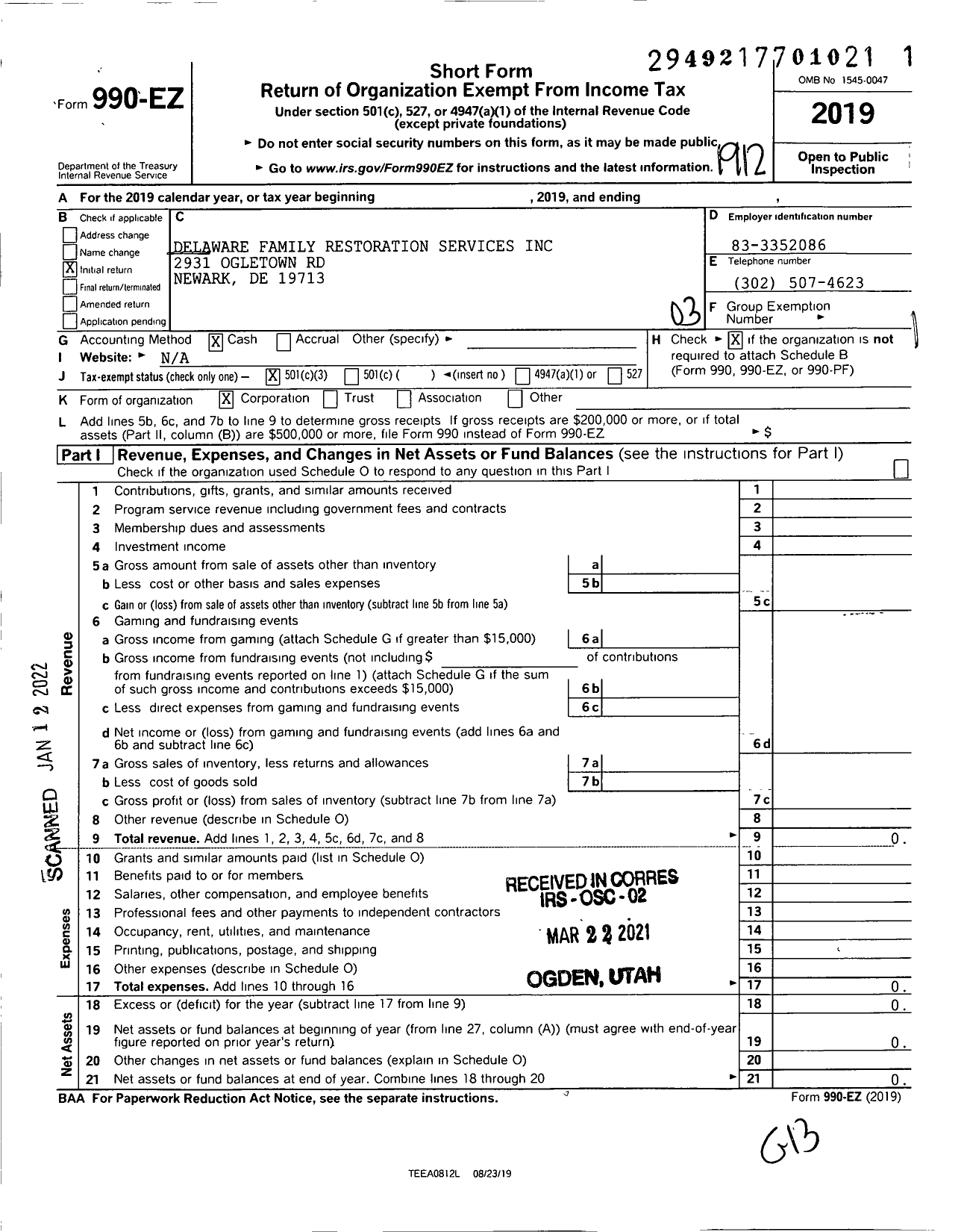 Image of first page of 2019 Form 990EZ for Delaware Family Restoration Services