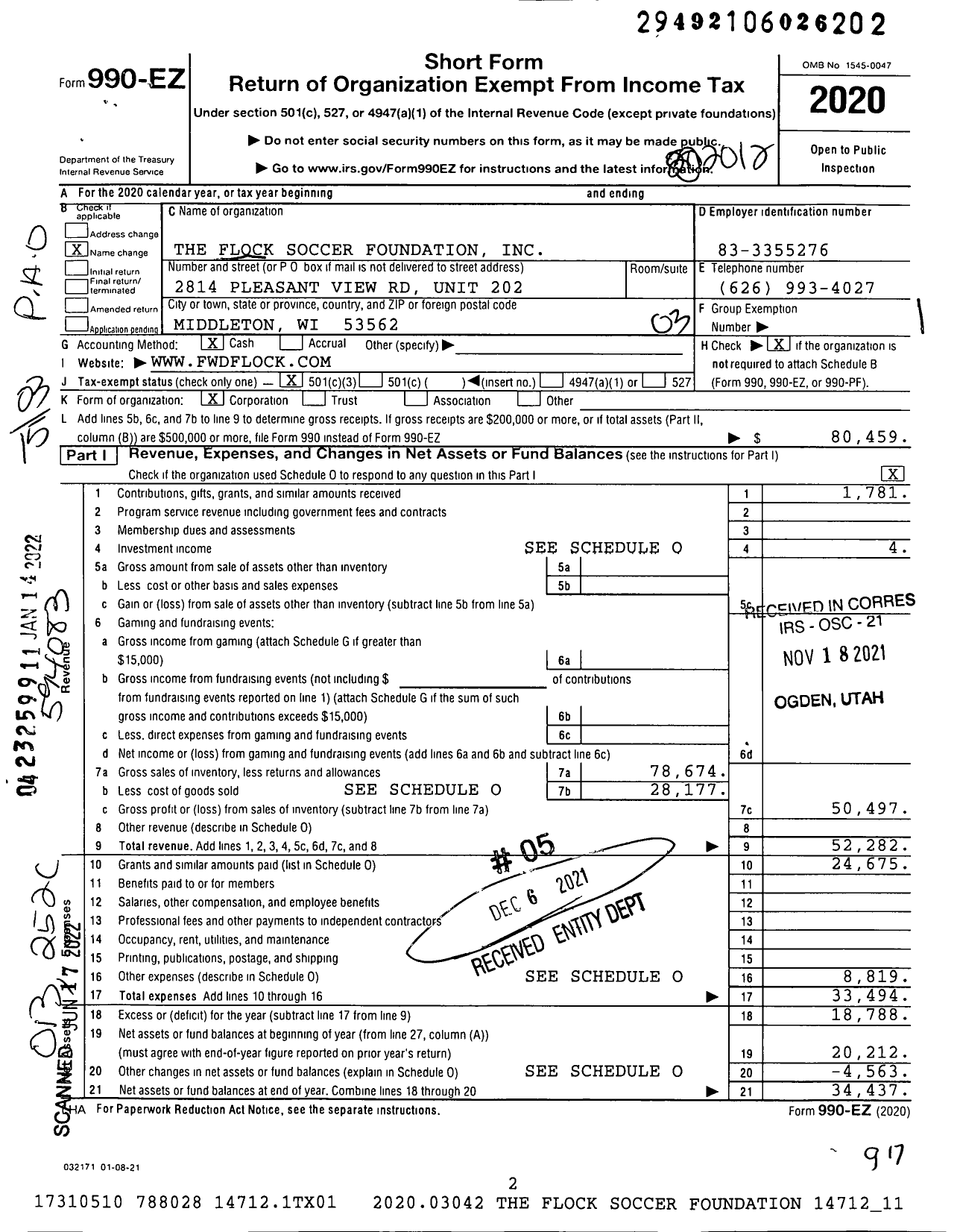 Image of first page of 2020 Form 990EZ for The Flock Soccer Foundation