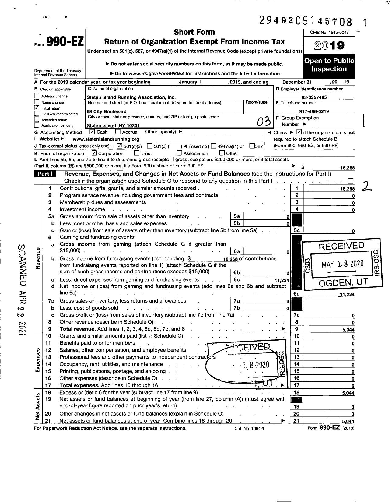 Image of first page of 2019 Form 990EZ for Staten Island Running Association