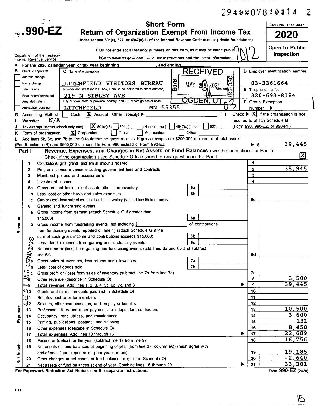 Image of first page of 2020 Form 990EZ for Litchfield Visitors Bureau