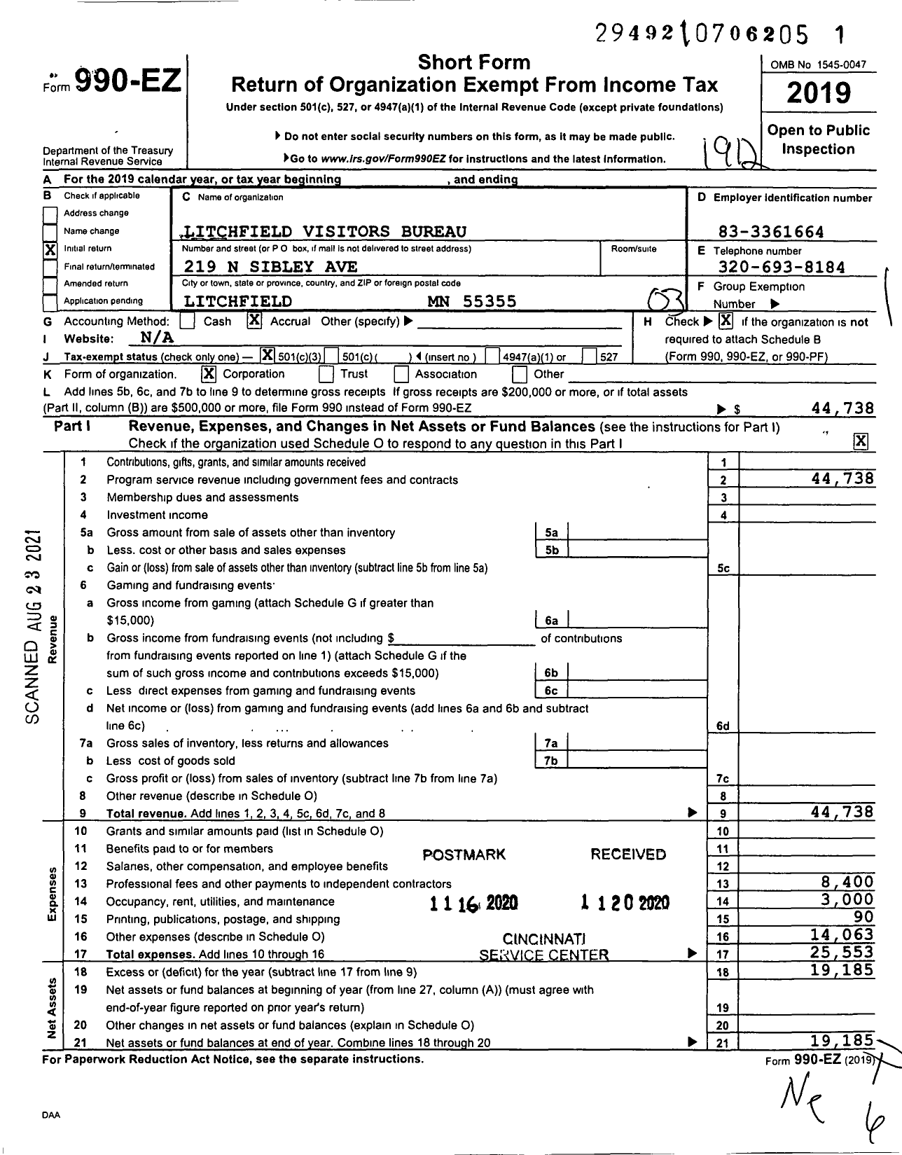 Image of first page of 2019 Form 990EZ for Litchfield Visitors Bureau