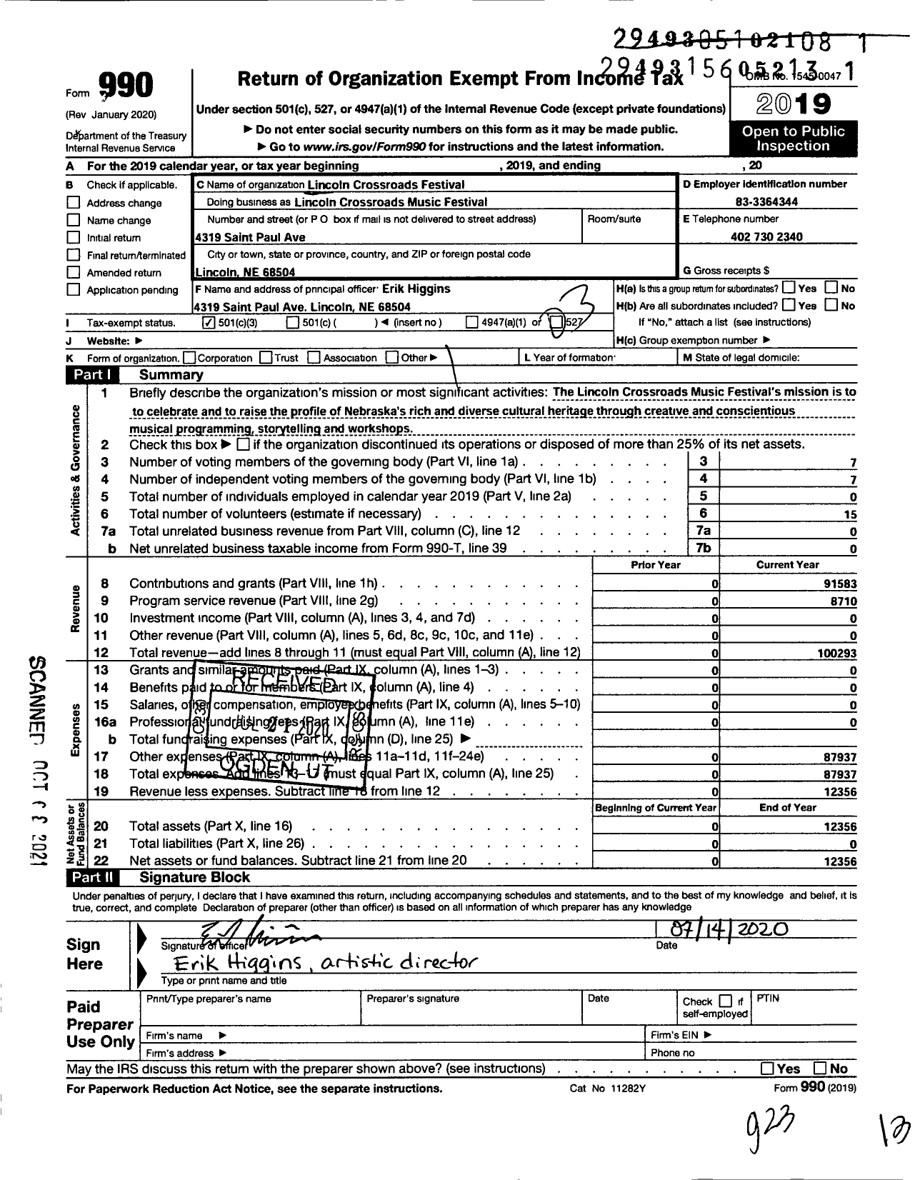 Image of first page of 2019 Form 990 for Lincoln Crossroads Festival