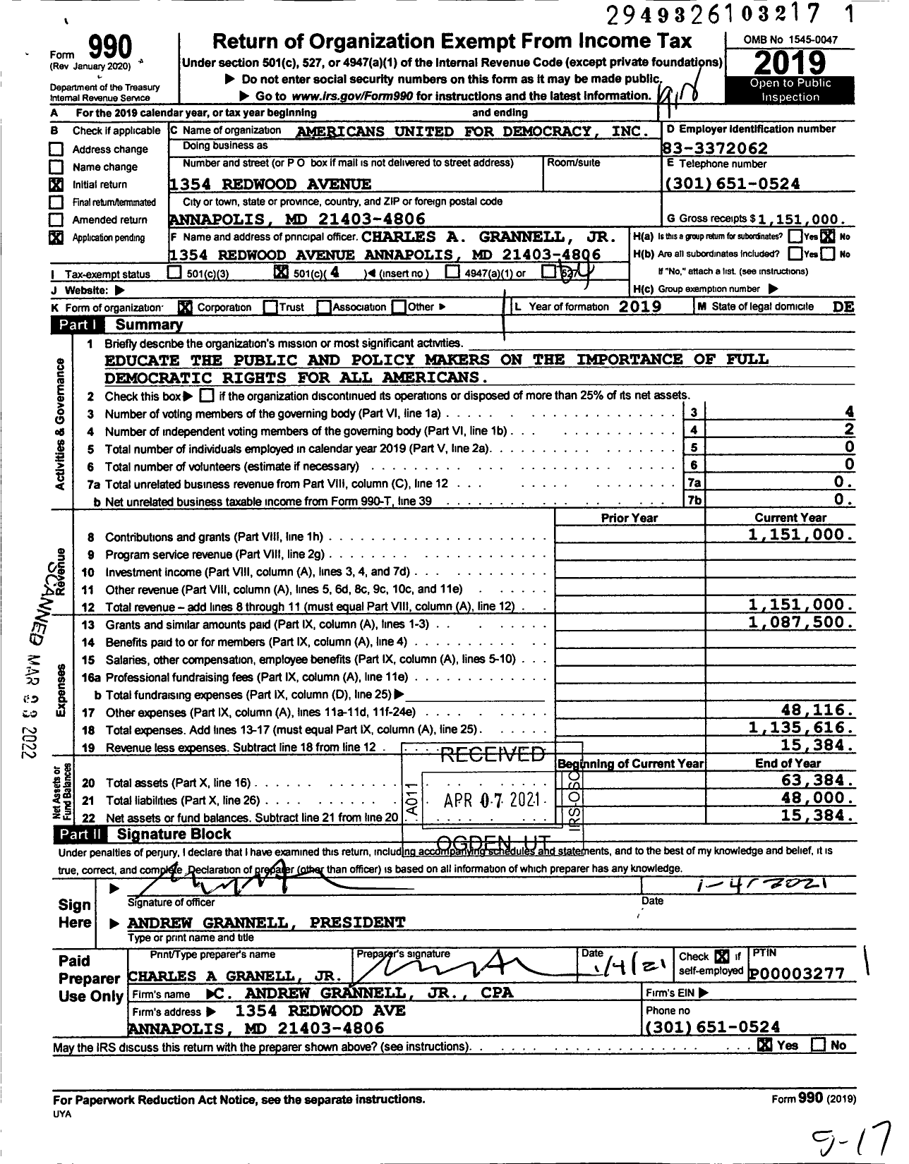 Image of first page of 2019 Form 990O for Americans United for Democracy