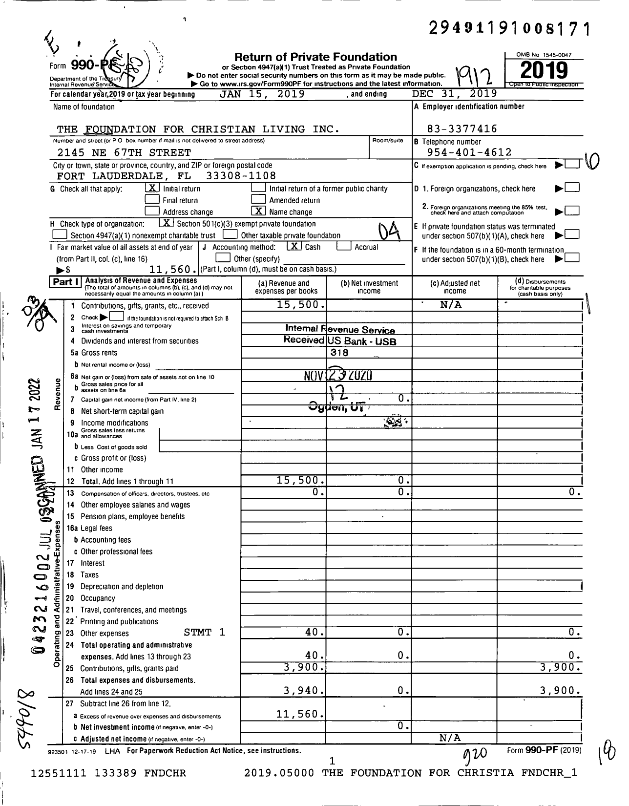 Image of first page of 2019 Form 990PF for The Foundation for Christian Living