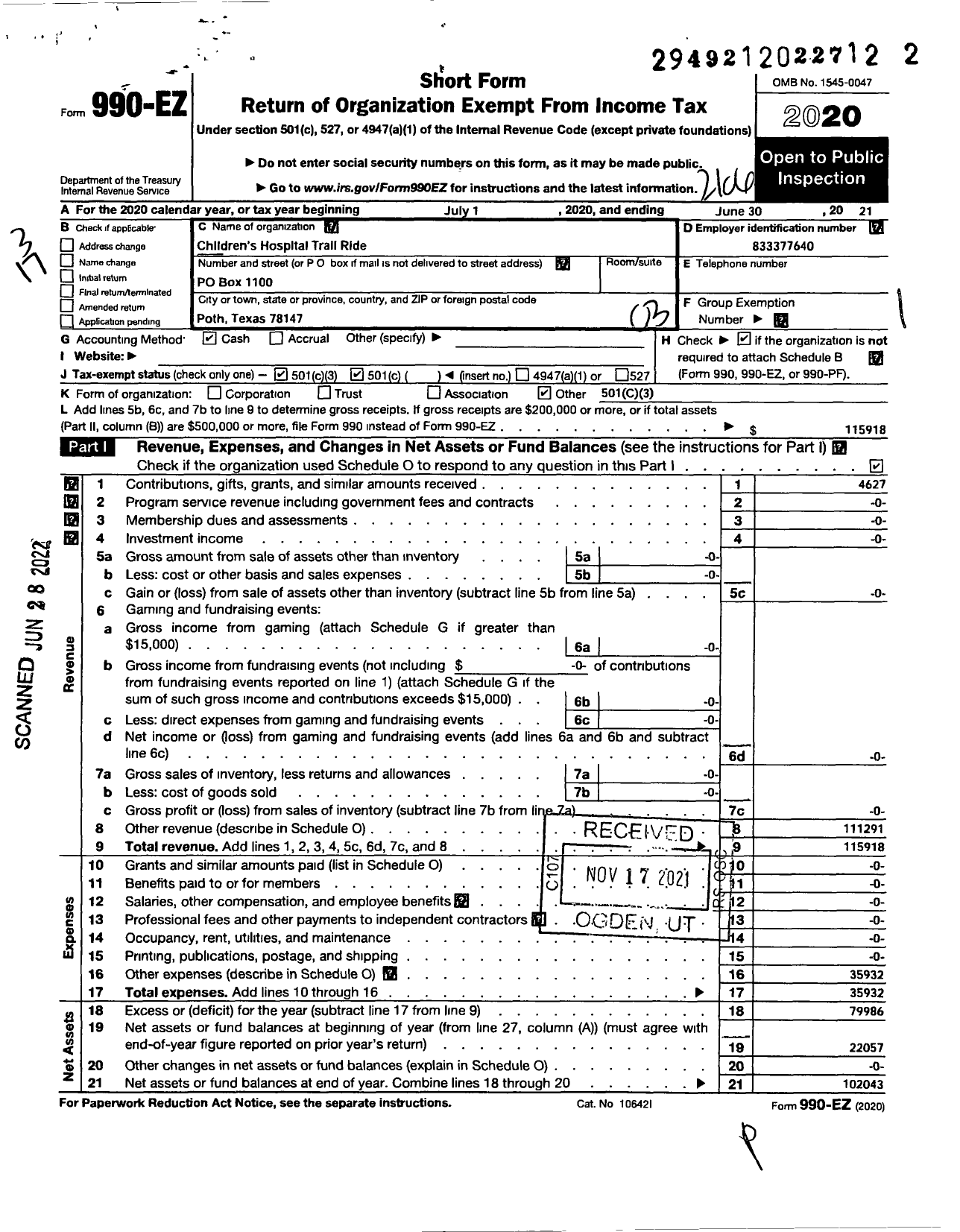 Image of first page of 2020 Form 990EZ for Childrens Hospital Trail Ride