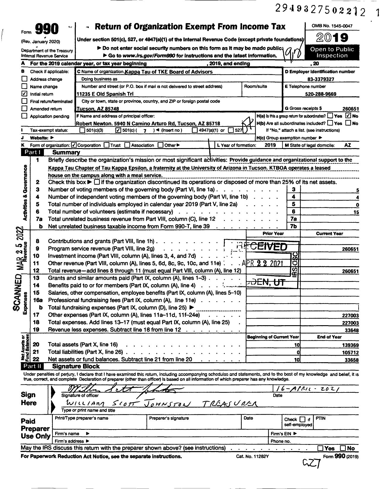 Image of first page of 2019 Form 990O for Kappa Tau of Tke Board of Advisors