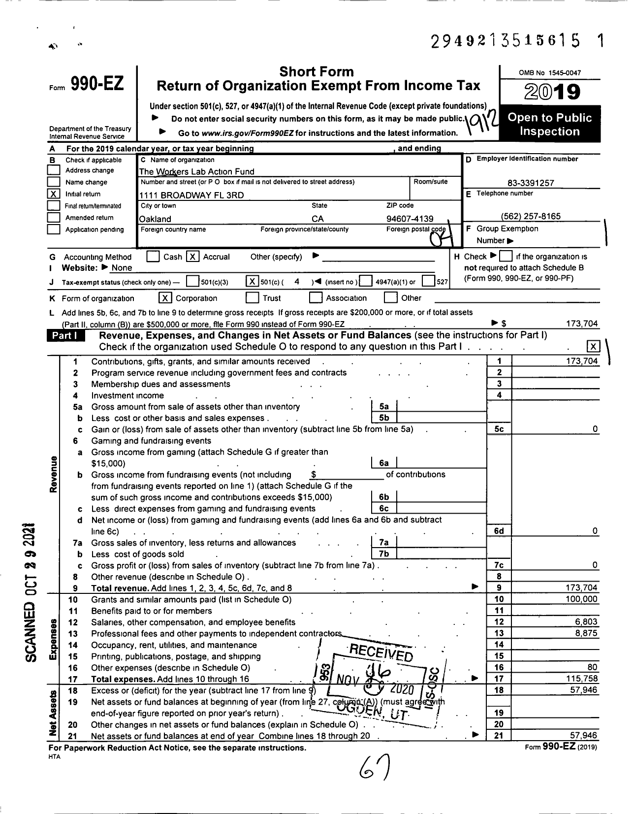 Image of first page of 2019 Form 990EO for Workers Lab Action Fund