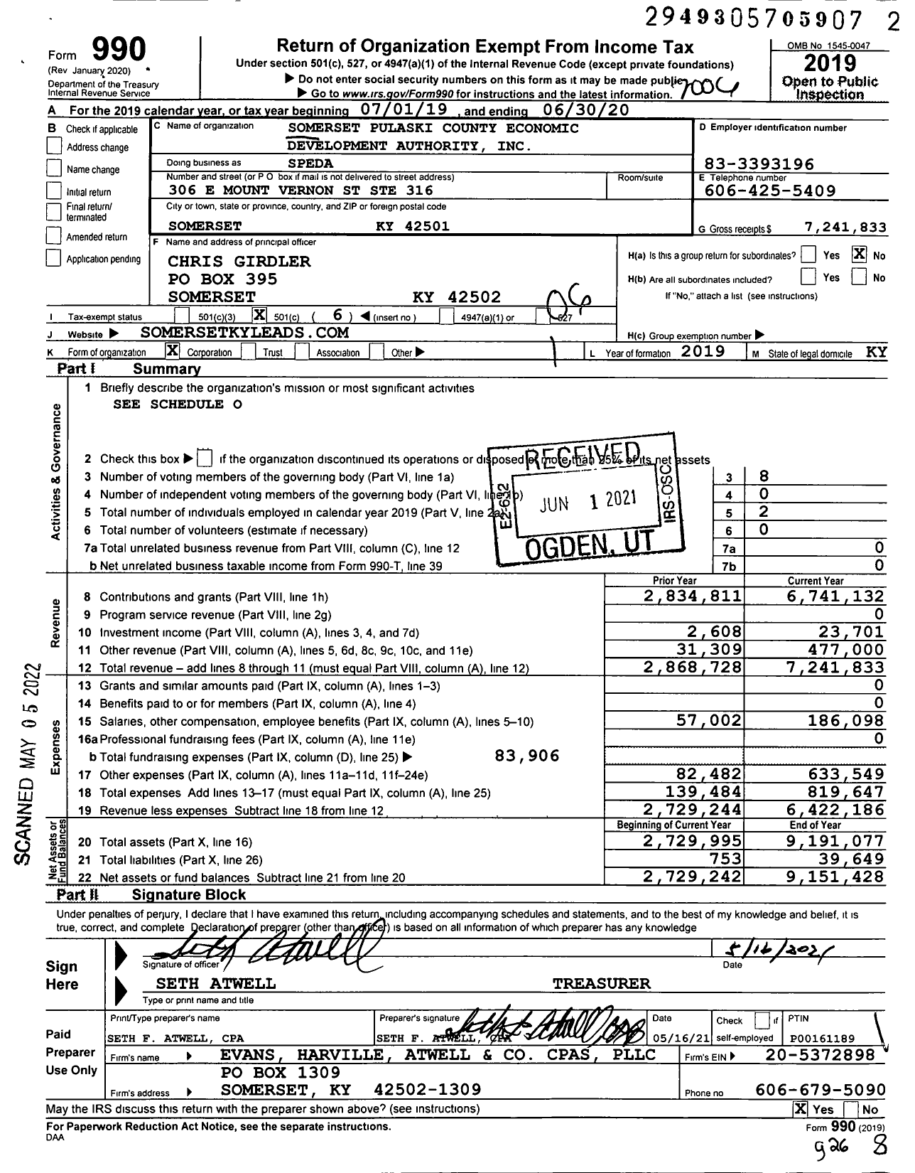 Image of first page of 2019 Form 990O for Somerset Pulaski County Economic Development Authority (SPEDA)