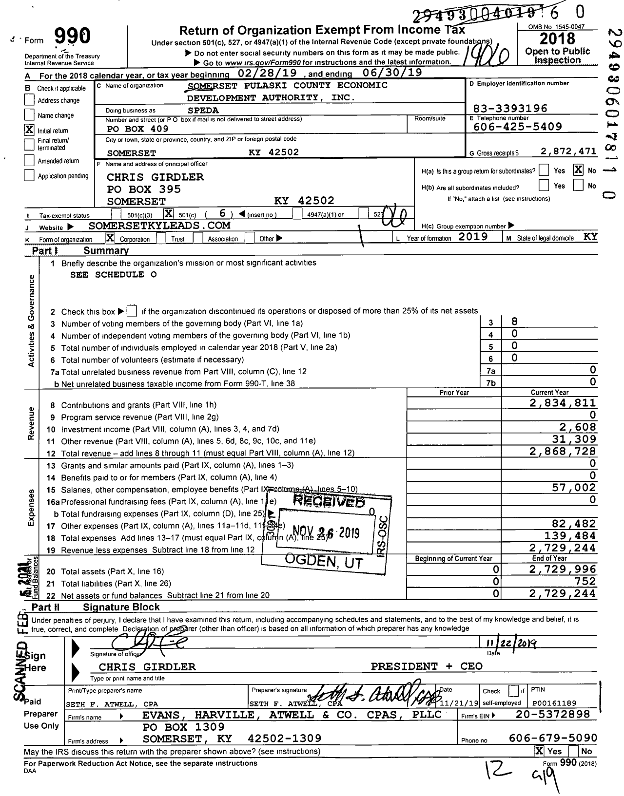 Image of first page of 2018 Form 990O for Somerset Pulaski County Economic Development Authority (SPEDA)