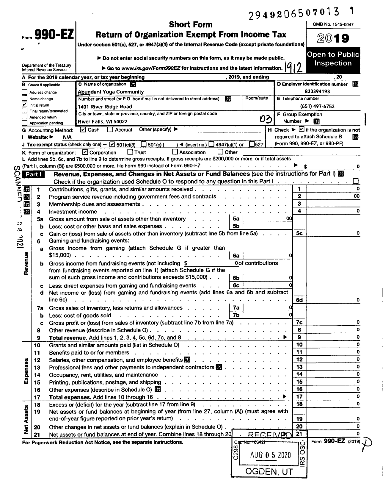 Image of first page of 2019 Form 990EZ for Abundant Yoga Community Mortensen