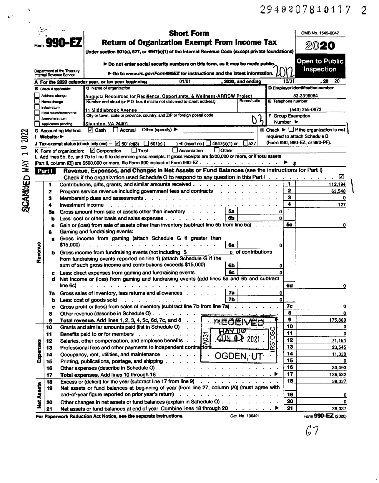 Image of first page of 2020 Form 990EZ for Augusta Resources for Resilience Opportunity and Wellness-Arrow Project