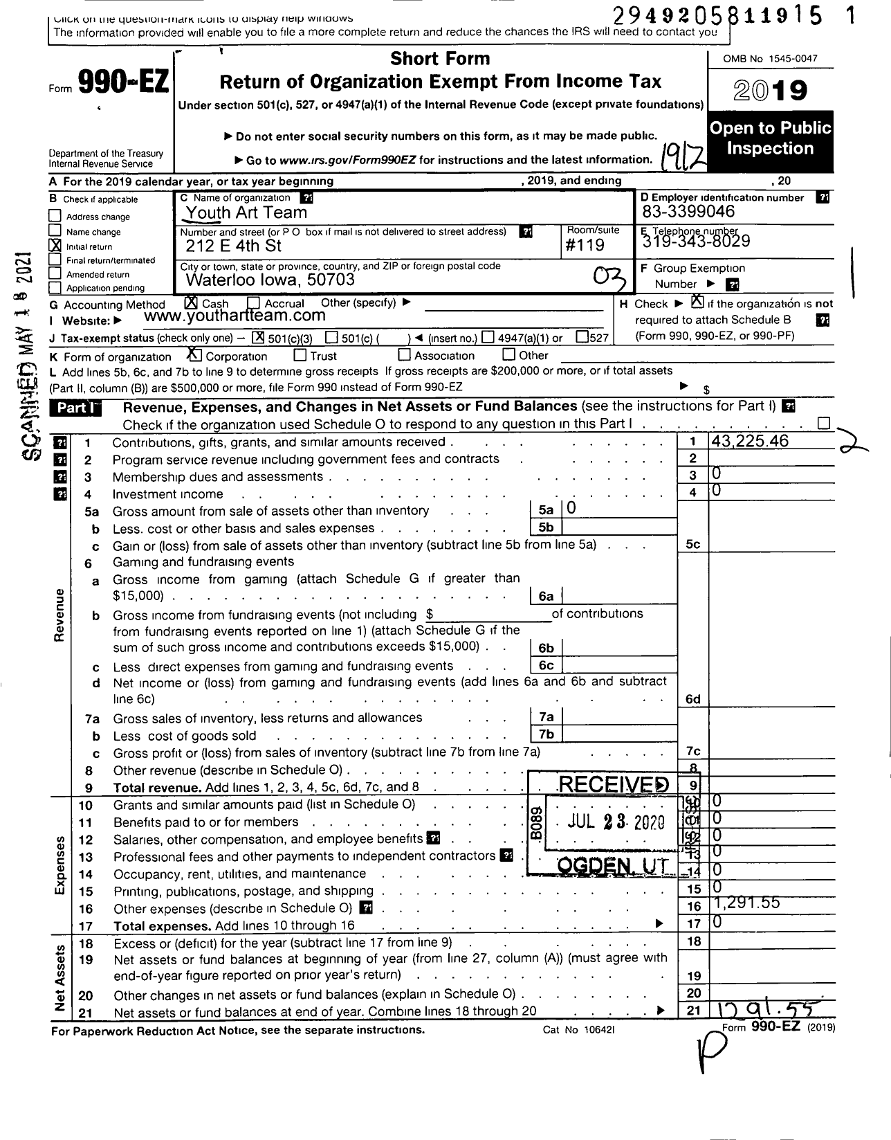 Image of first page of 2019 Form 990EZ for Youth Art Team