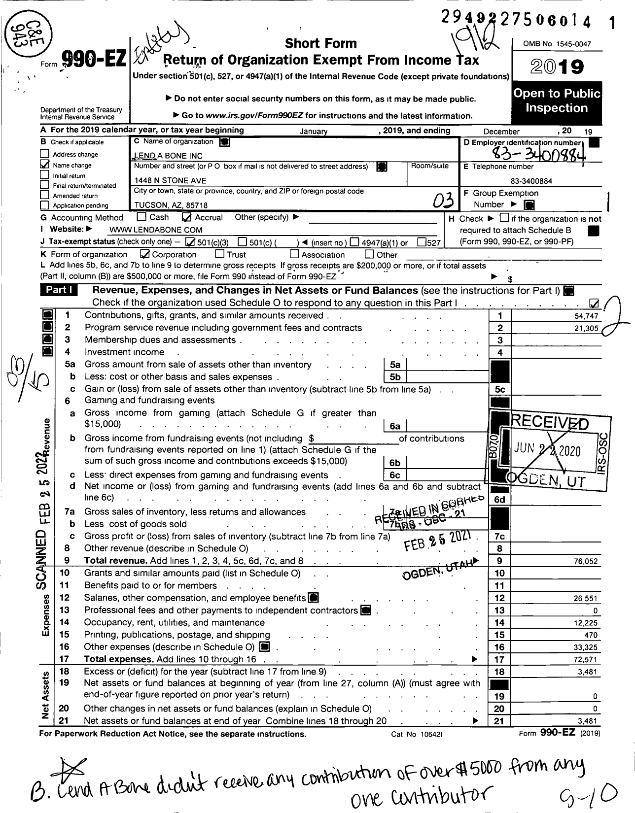 Image of first page of 2019 Form 990EZ for Lend A Bone