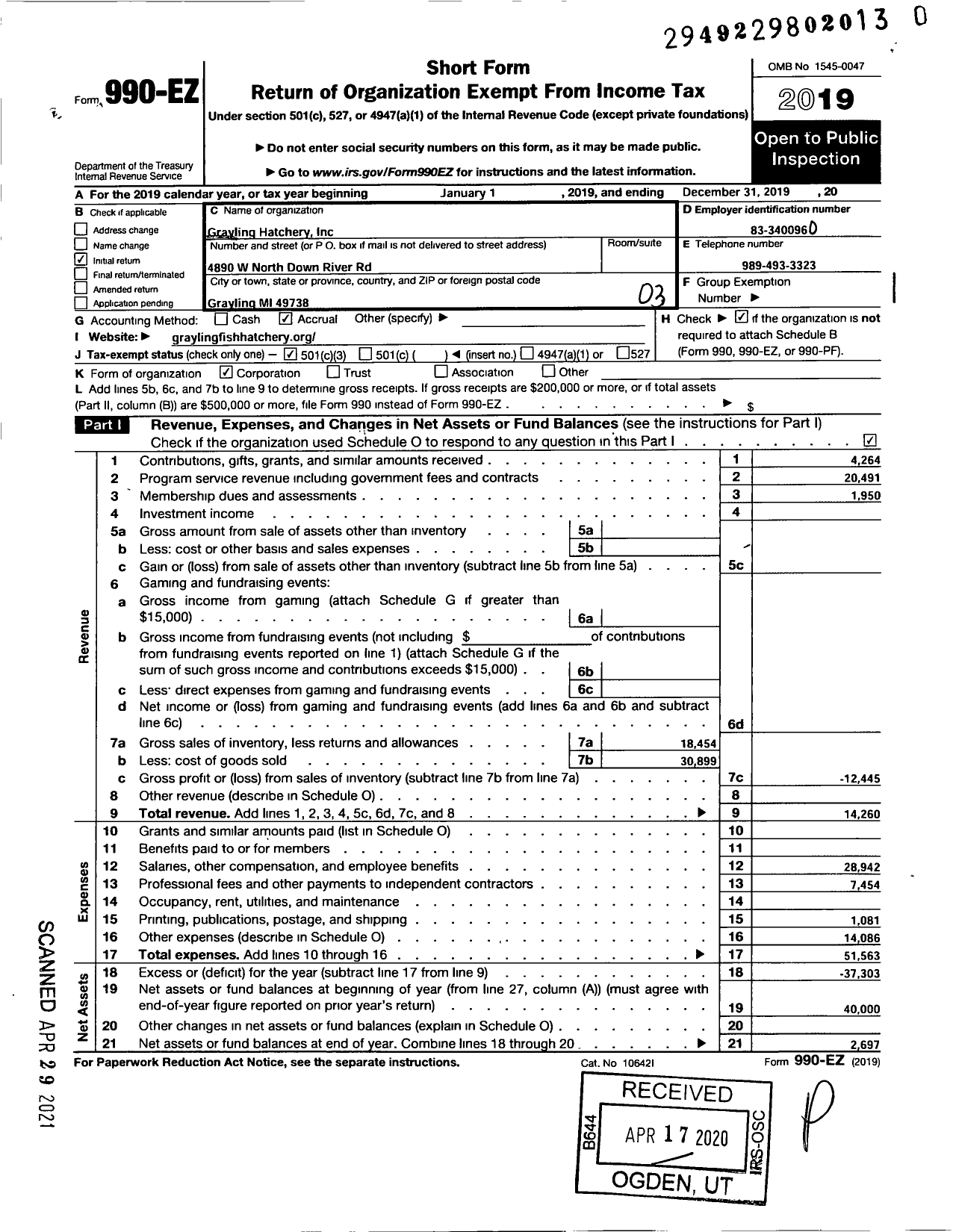 Image of first page of 2019 Form 990EZ for Grayling Hatchery