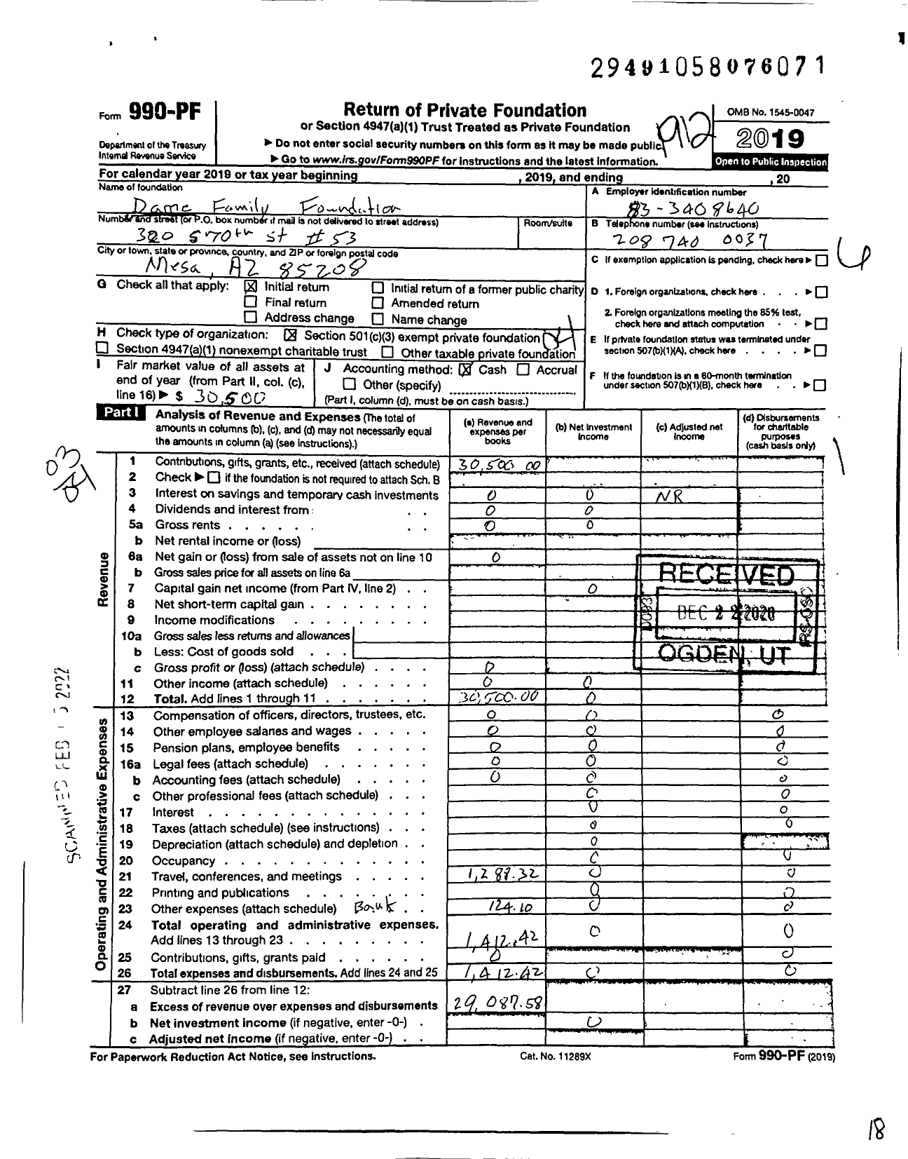 Image of first page of 2019 Form 990PF for Dame Family Foundation