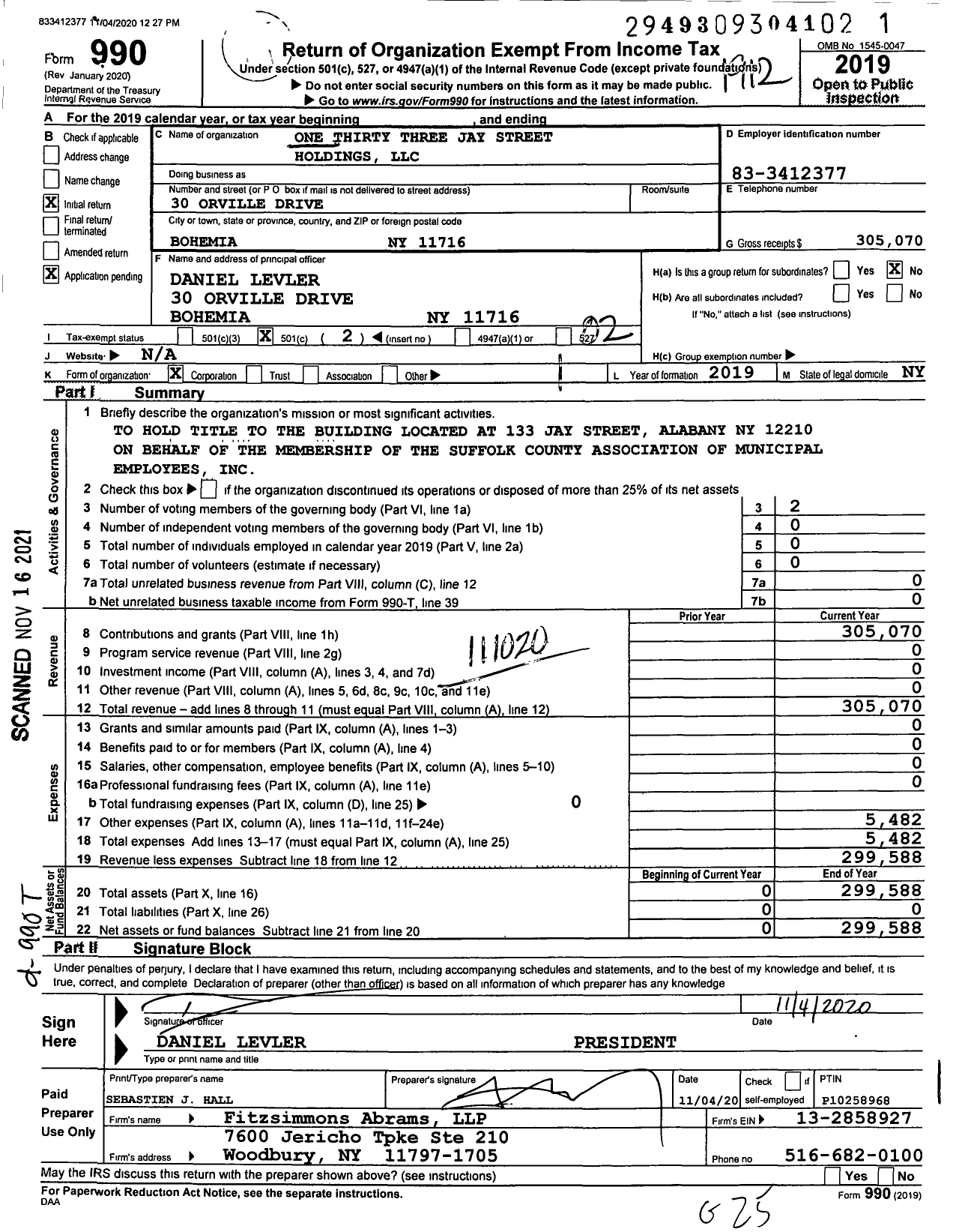 Image of first page of 2019 Form 990O for One Thirty Three Jay Street Holdings LLC