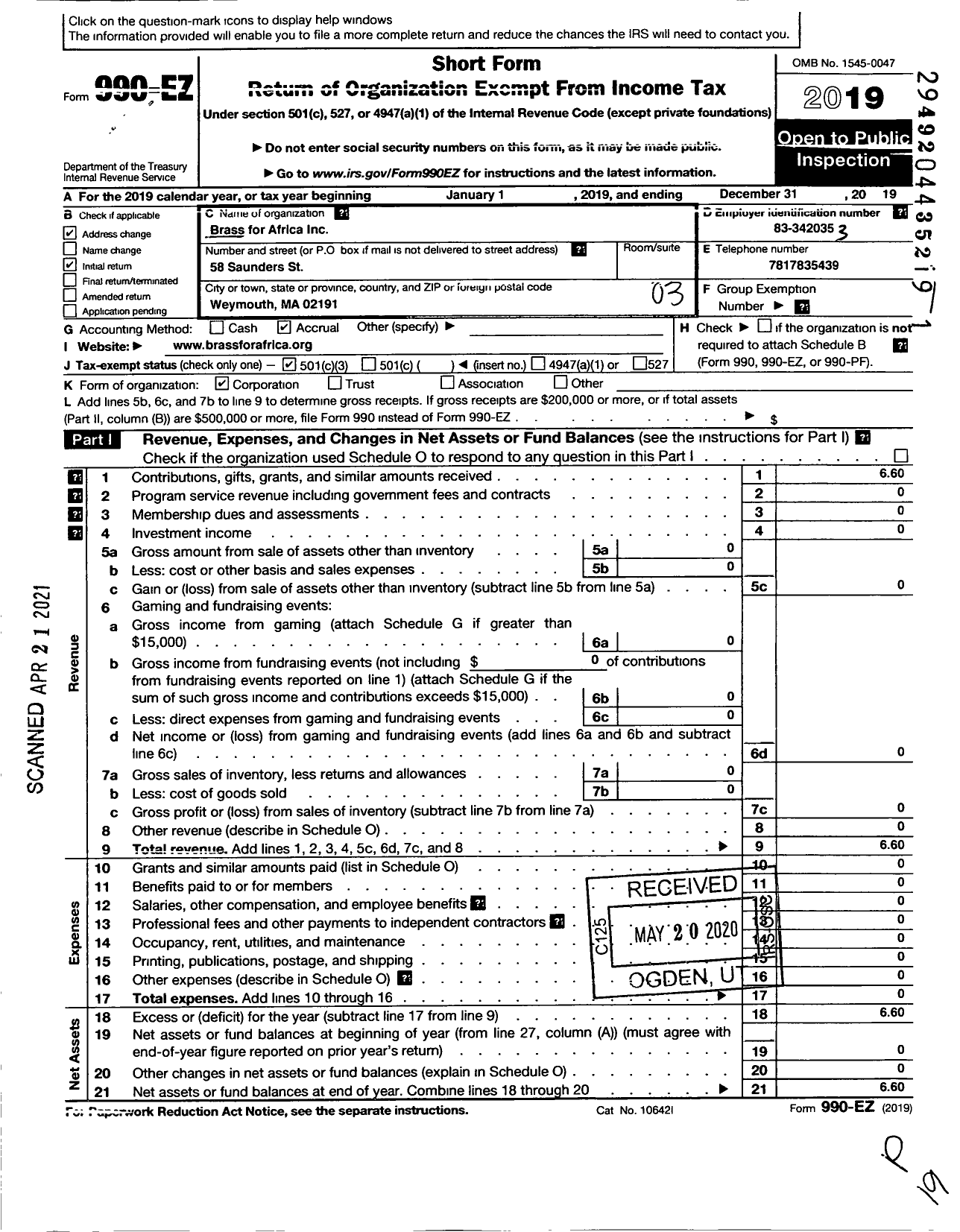 Image of first page of 2019 Form 990EZ for Brass for Africa