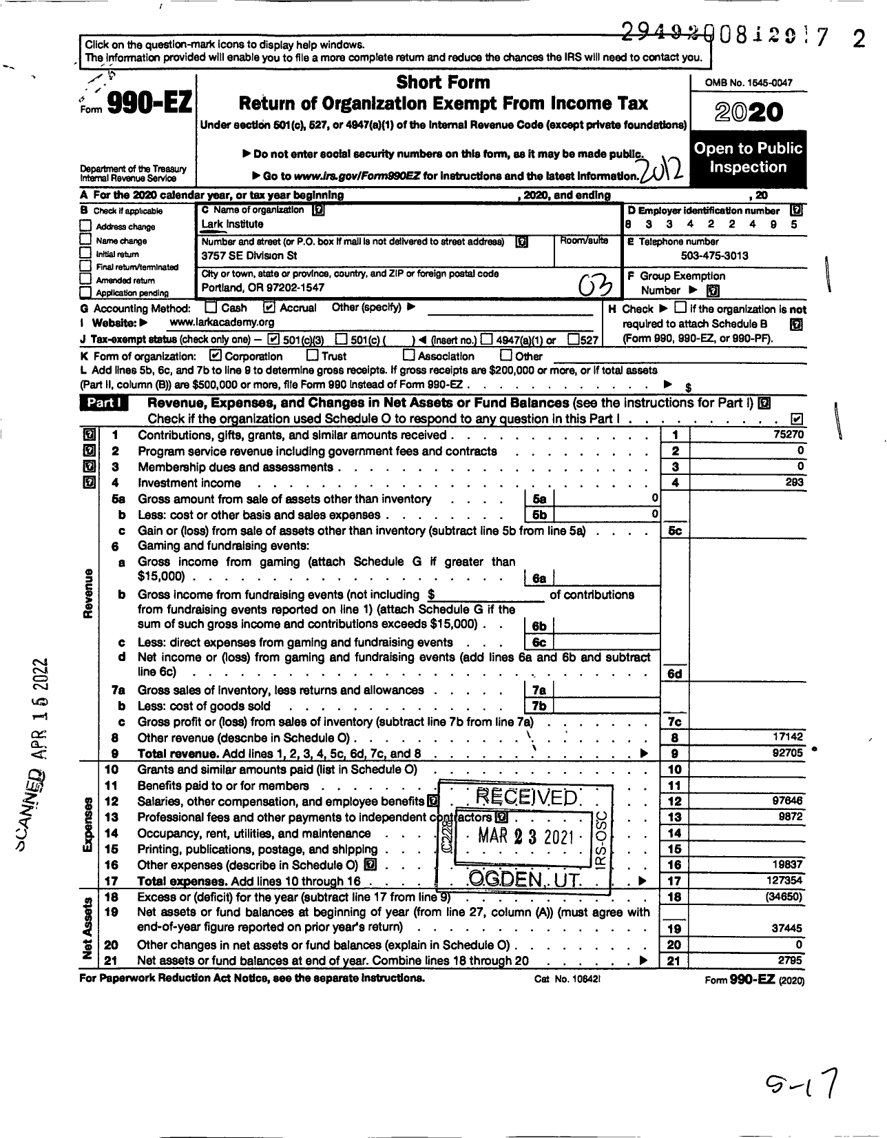 Image of first page of 2020 Form 990EZ for Lark Institute