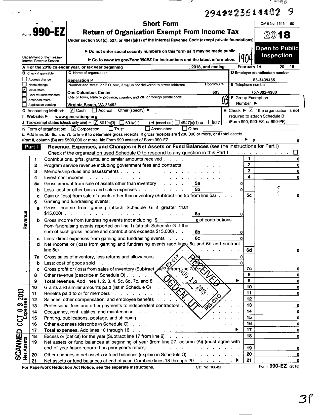 Image of first page of 2018 Form 990EZ for Generation P