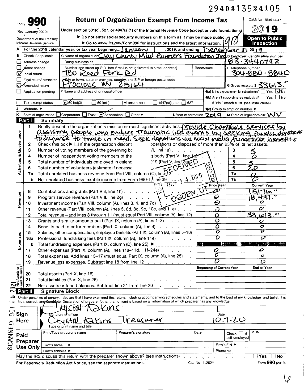 Image of first page of 2019 Form 990 for Clay County Mud Runners Foundation
