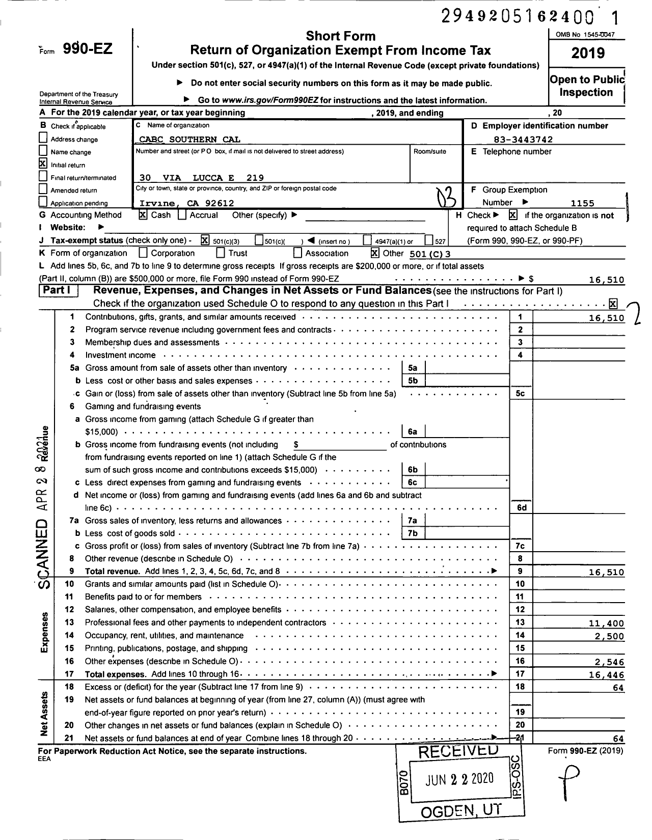 Image of first page of 2019 Form 990EZ for Amateur Athletic Union - Cabc Southern Cal