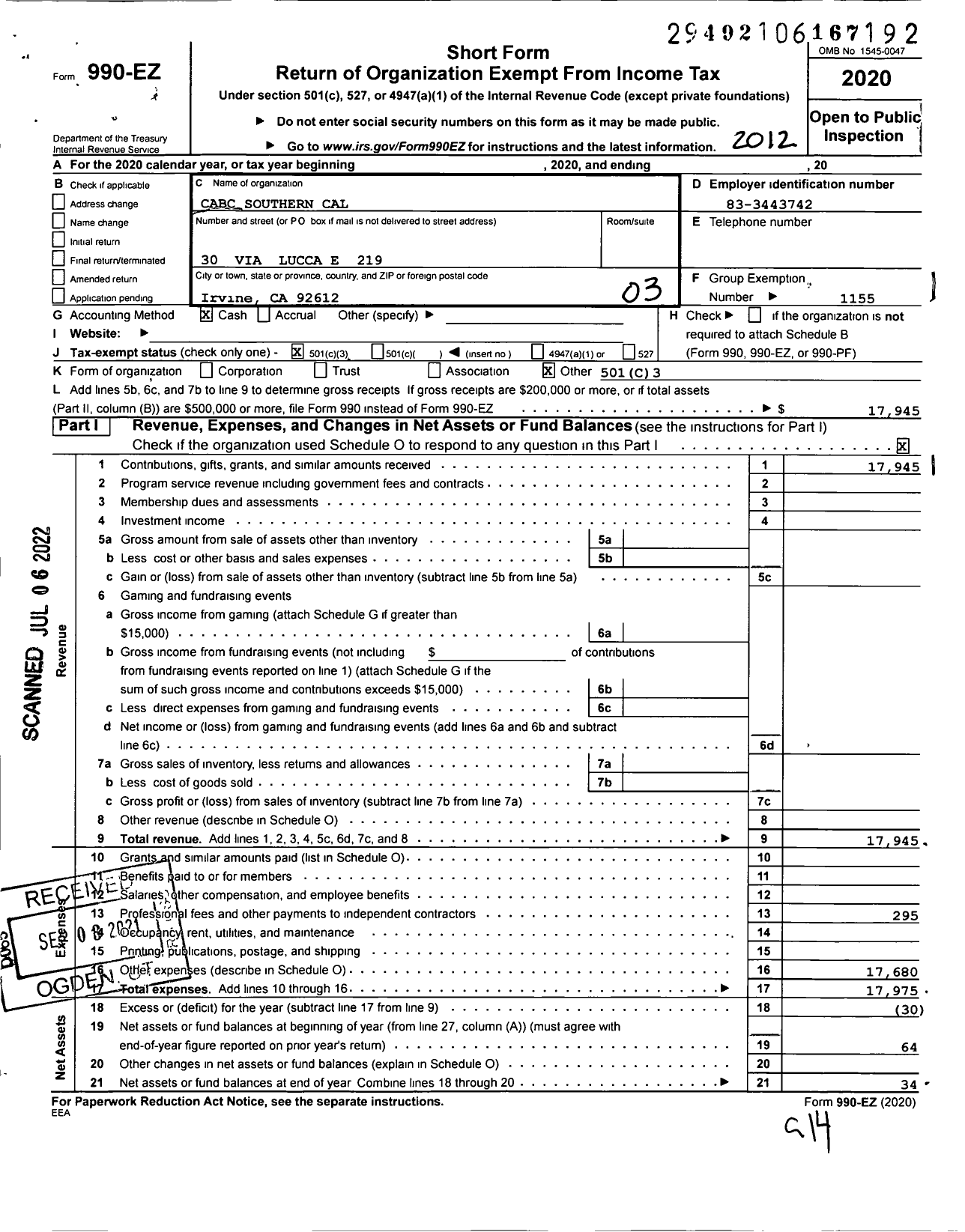 Image of first page of 2020 Form 990EZ for Amateur Athletic Union - Cabc Southern Cal