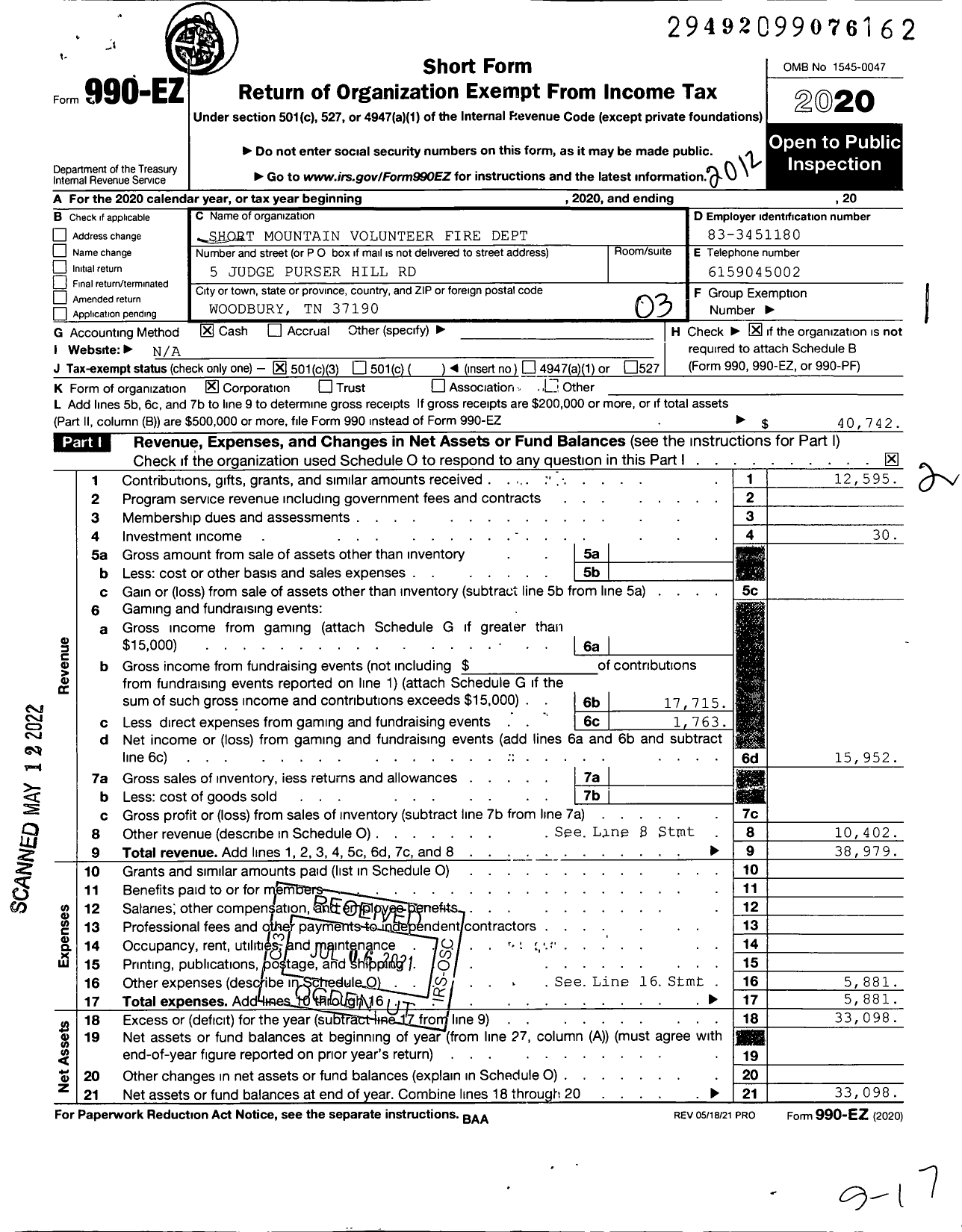 Image of first page of 2020 Form 990EZ for Short Mountain Volunteer Fire Dept