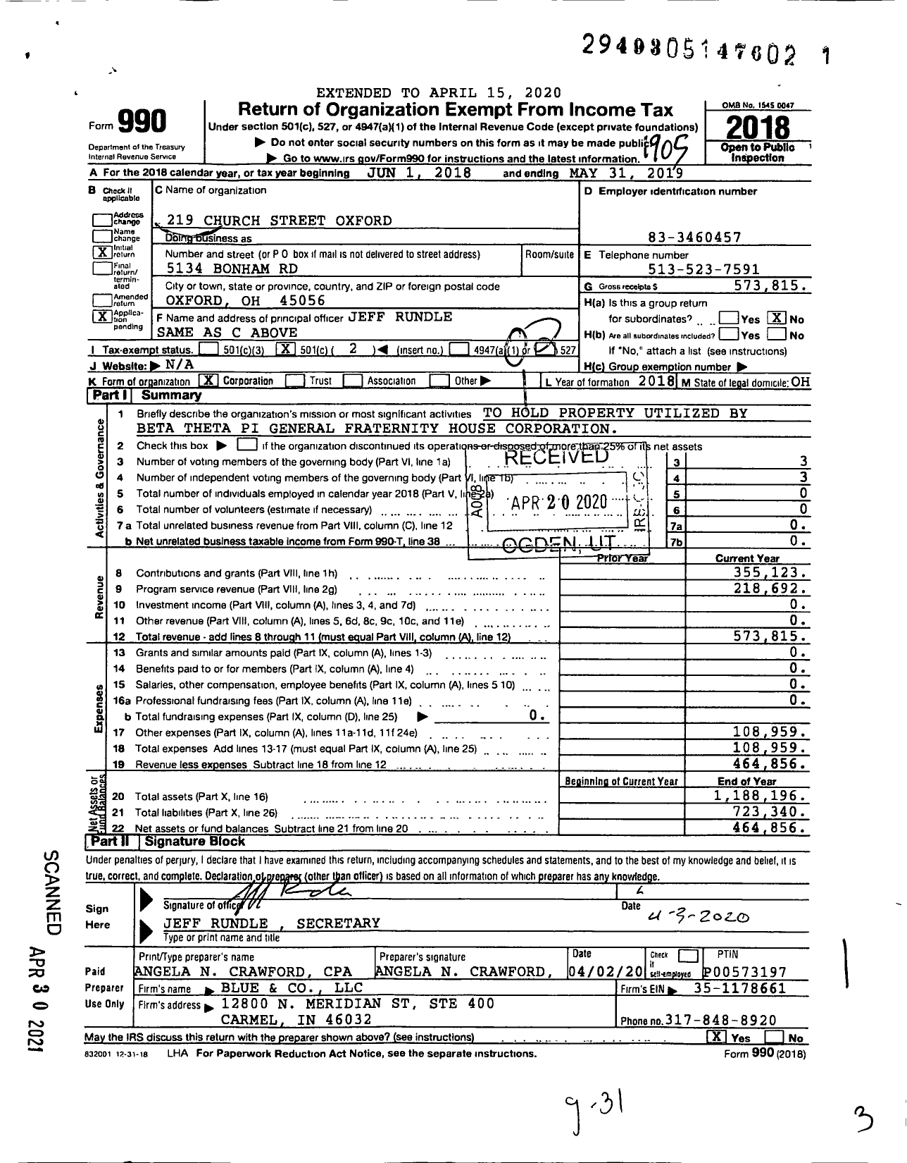 Image of first page of 2018 Form 990O for 219 Church Street Oxford