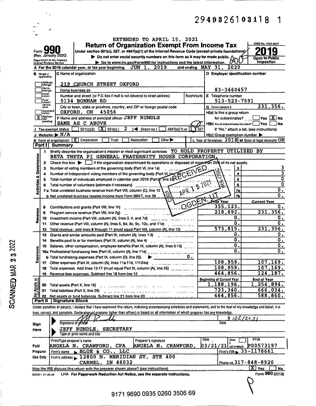 Image of first page of 2019 Form 990O for 219 Church Street Oxford