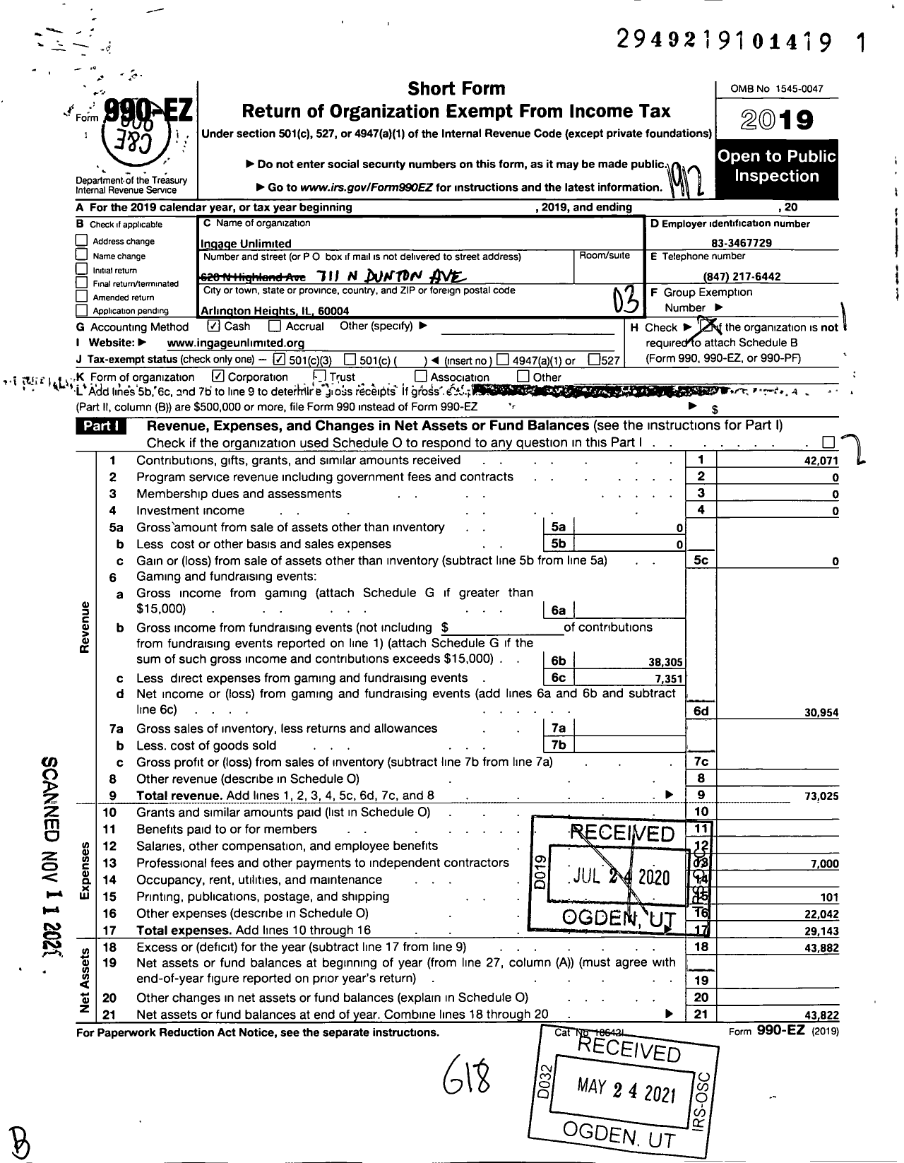 Image of first page of 2019 Form 990EZ for Ingage Unlimited