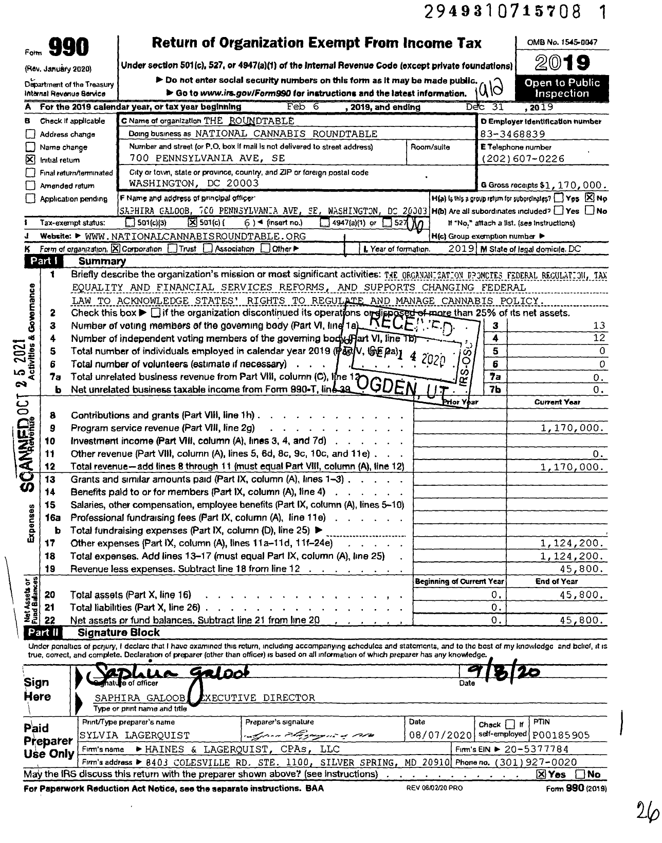 Image of first page of 2019 Form 990O for National Cannabis Roundtable