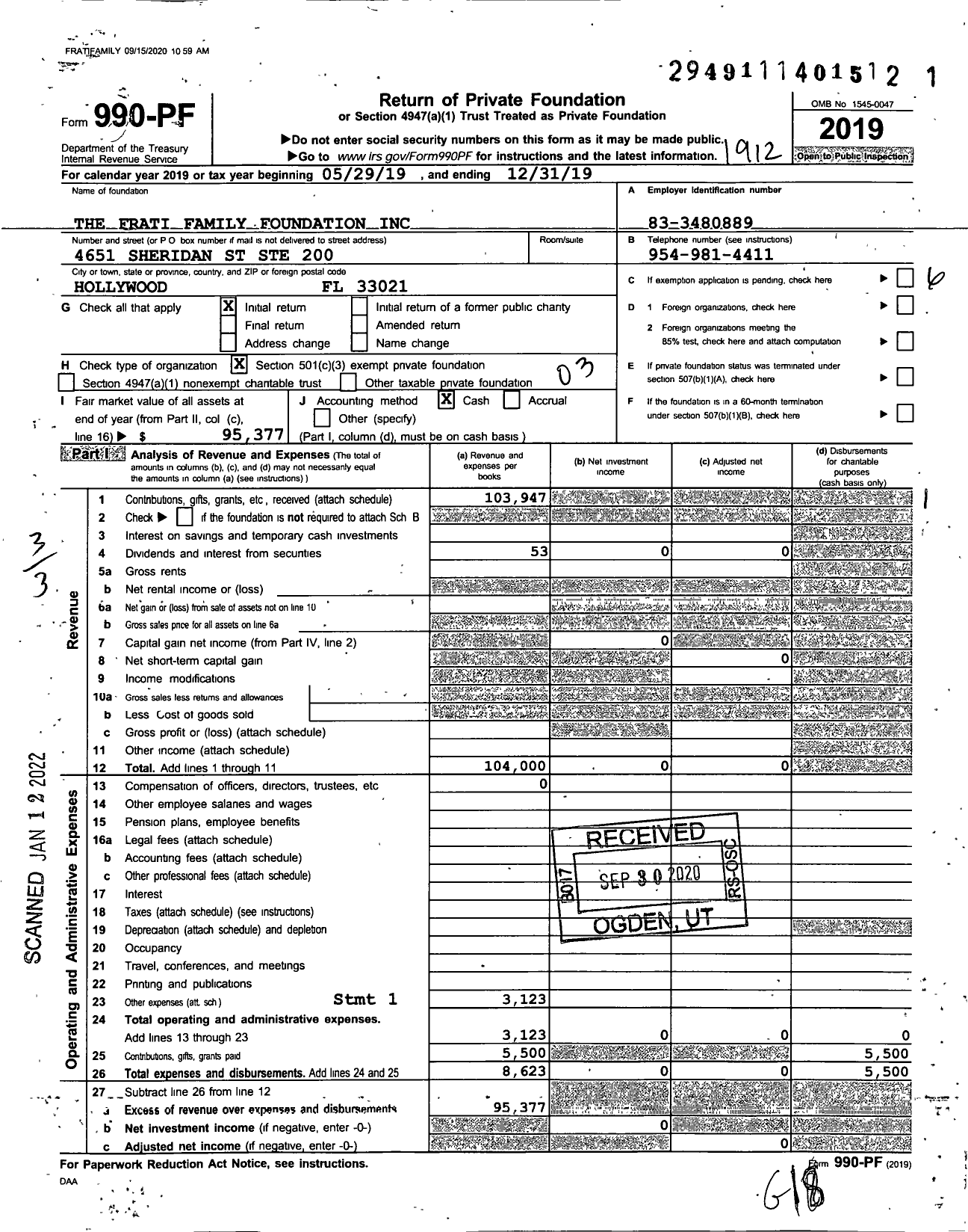 Image of first page of 2019 Form 990PF for The Frati Family Foundation