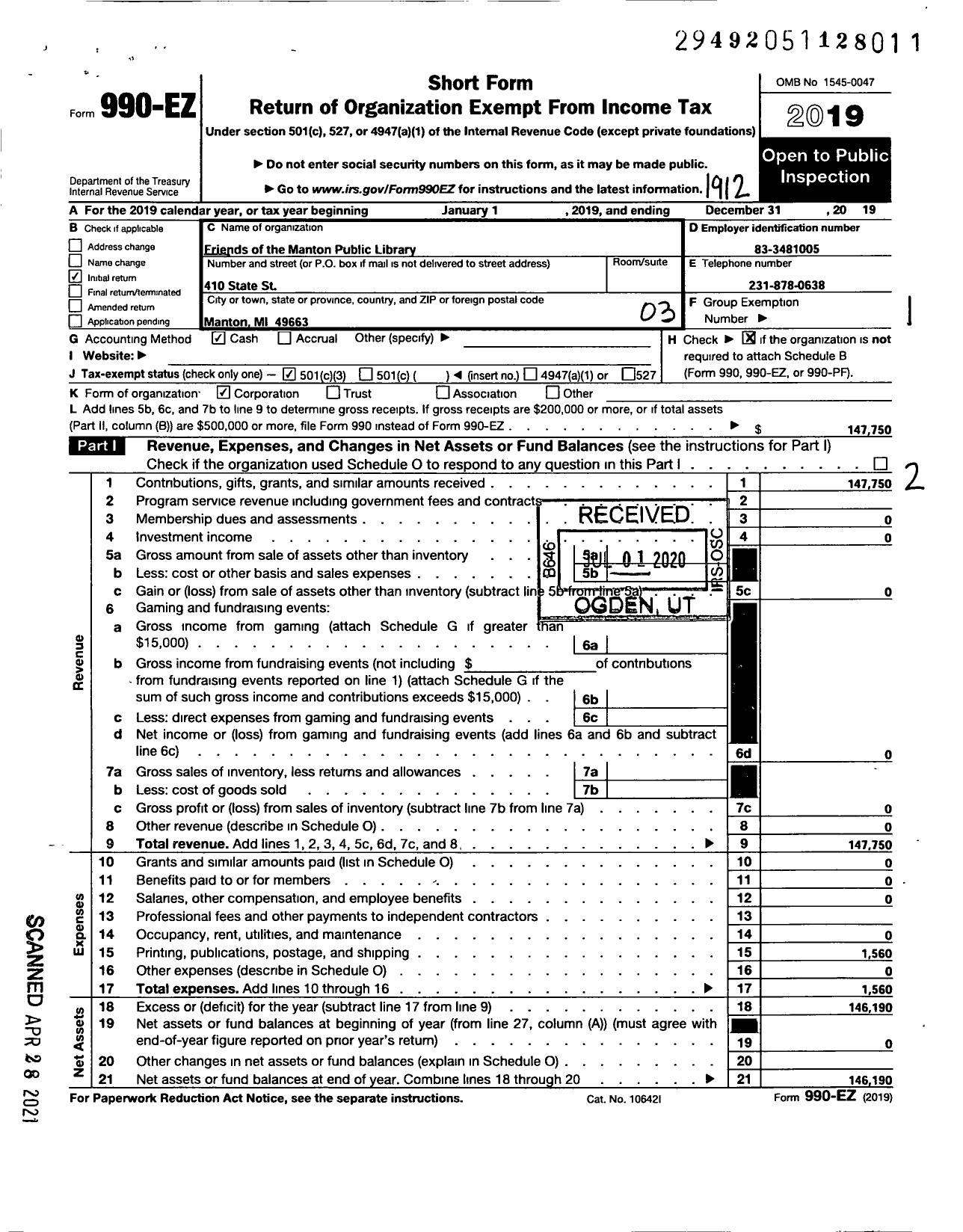 Image of first page of 2019 Form 990EZ for Friends of the Manton Public Library