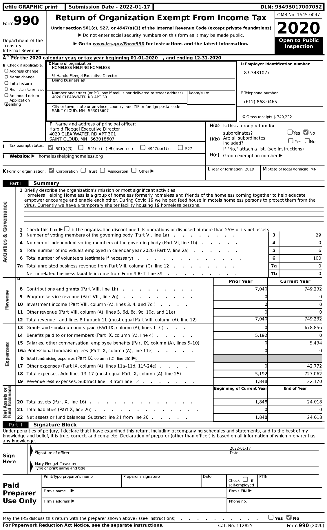 Image of first page of 2020 Form 990 for Homeless Helping Homeless