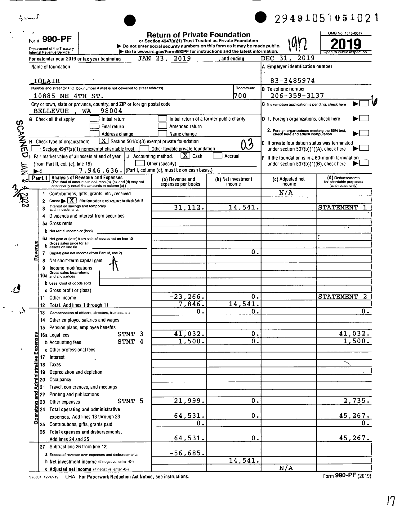 Image of first page of 2019 Form 990PF for Iolair