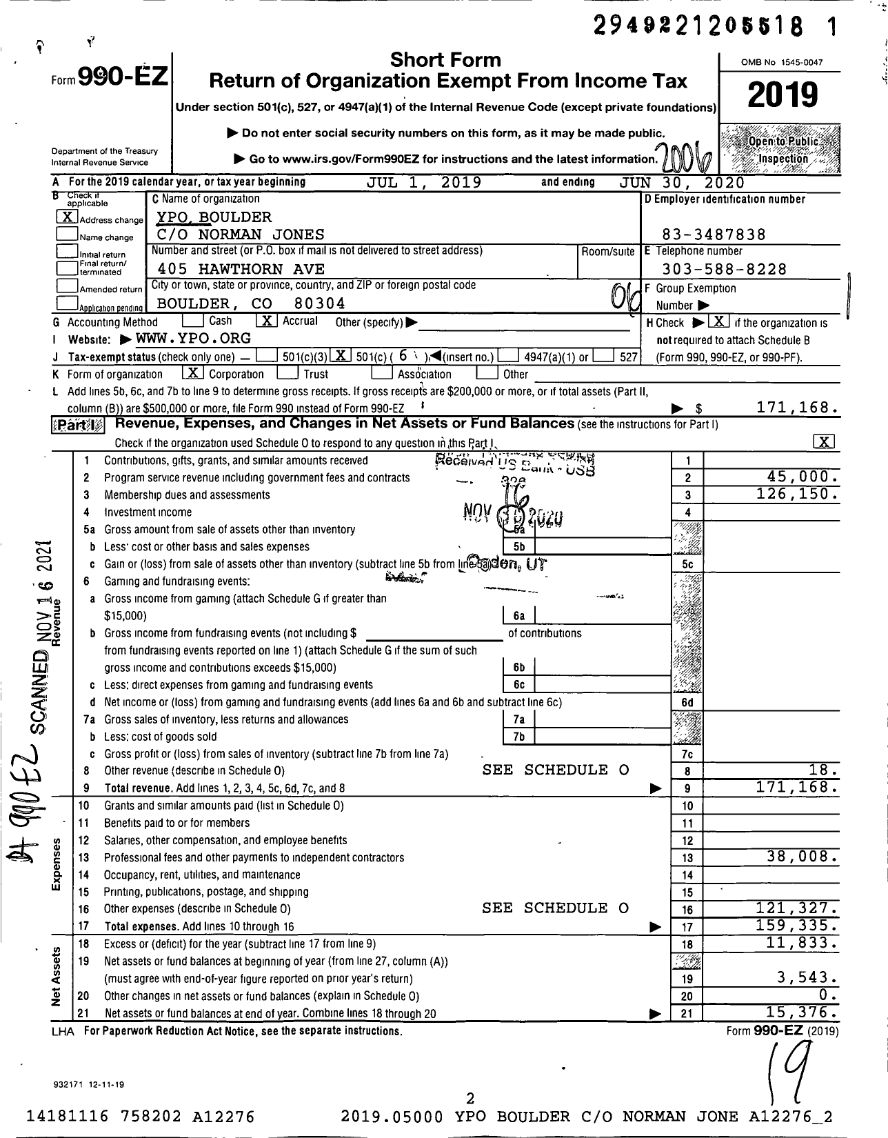 Image of first page of 2019 Form 990EO for YPO Boulder