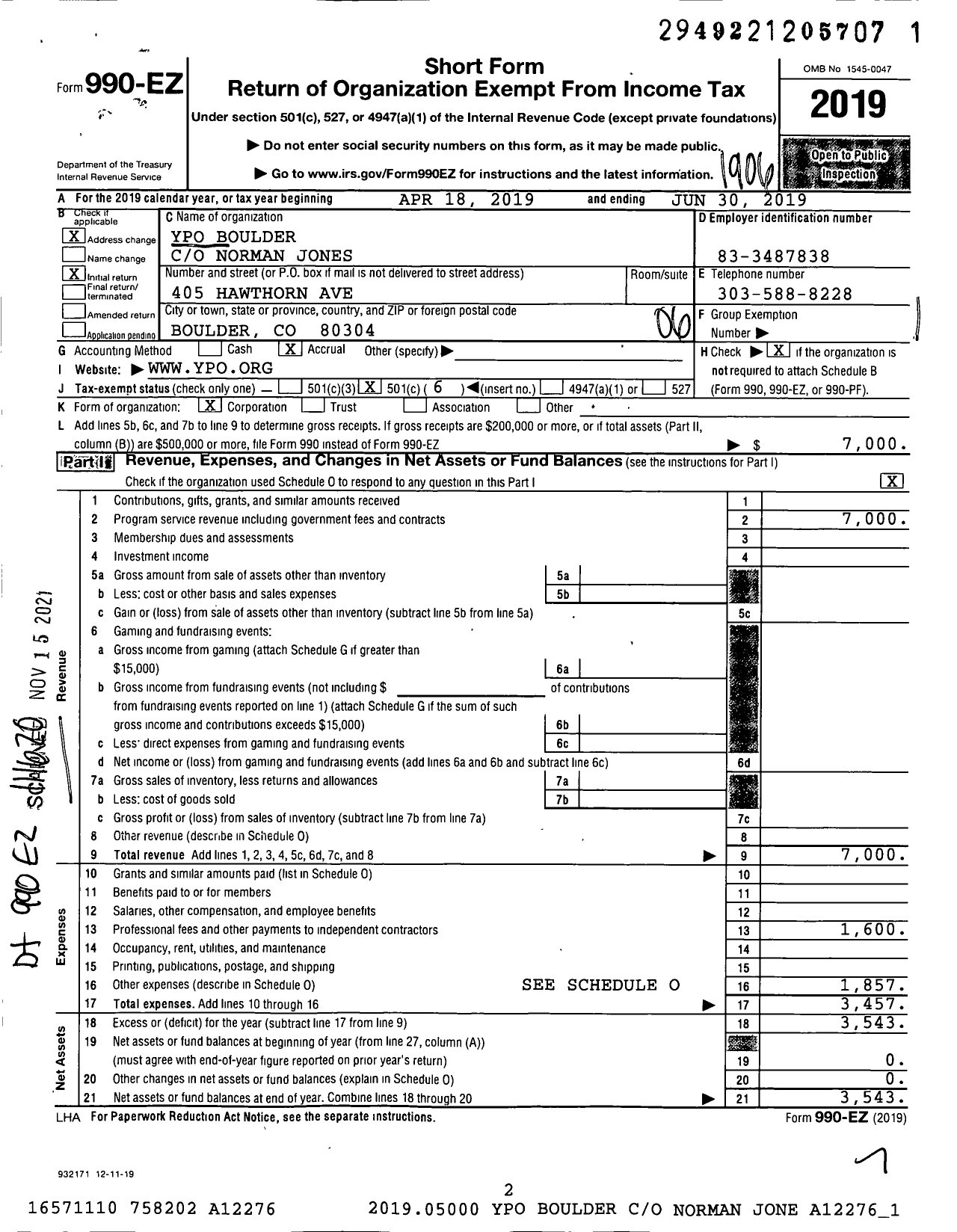 Image of first page of 2018 Form 990EO for YPO Boulder