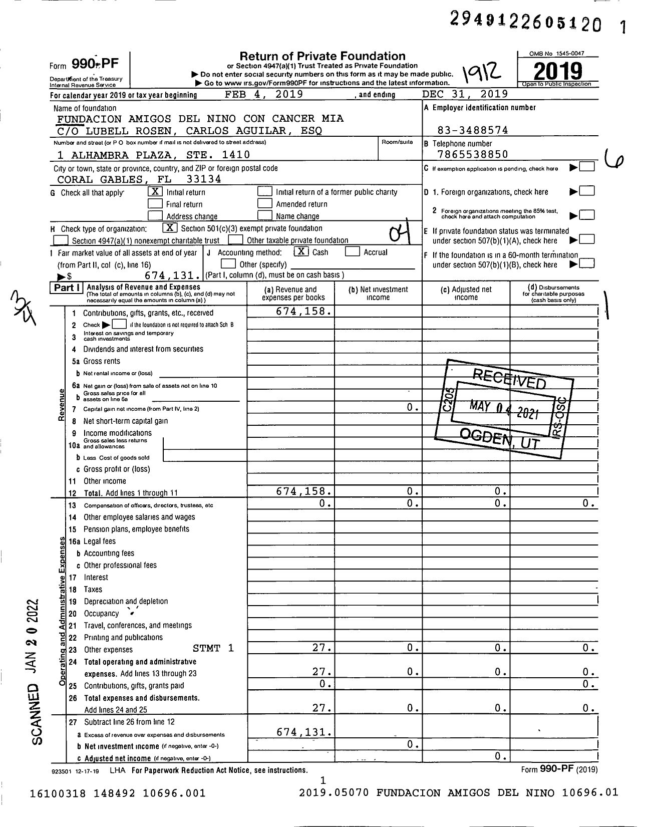 Image of first page of 2019 Form 990PF for Fundacion Amigos Del Nino Con Cancer Mia