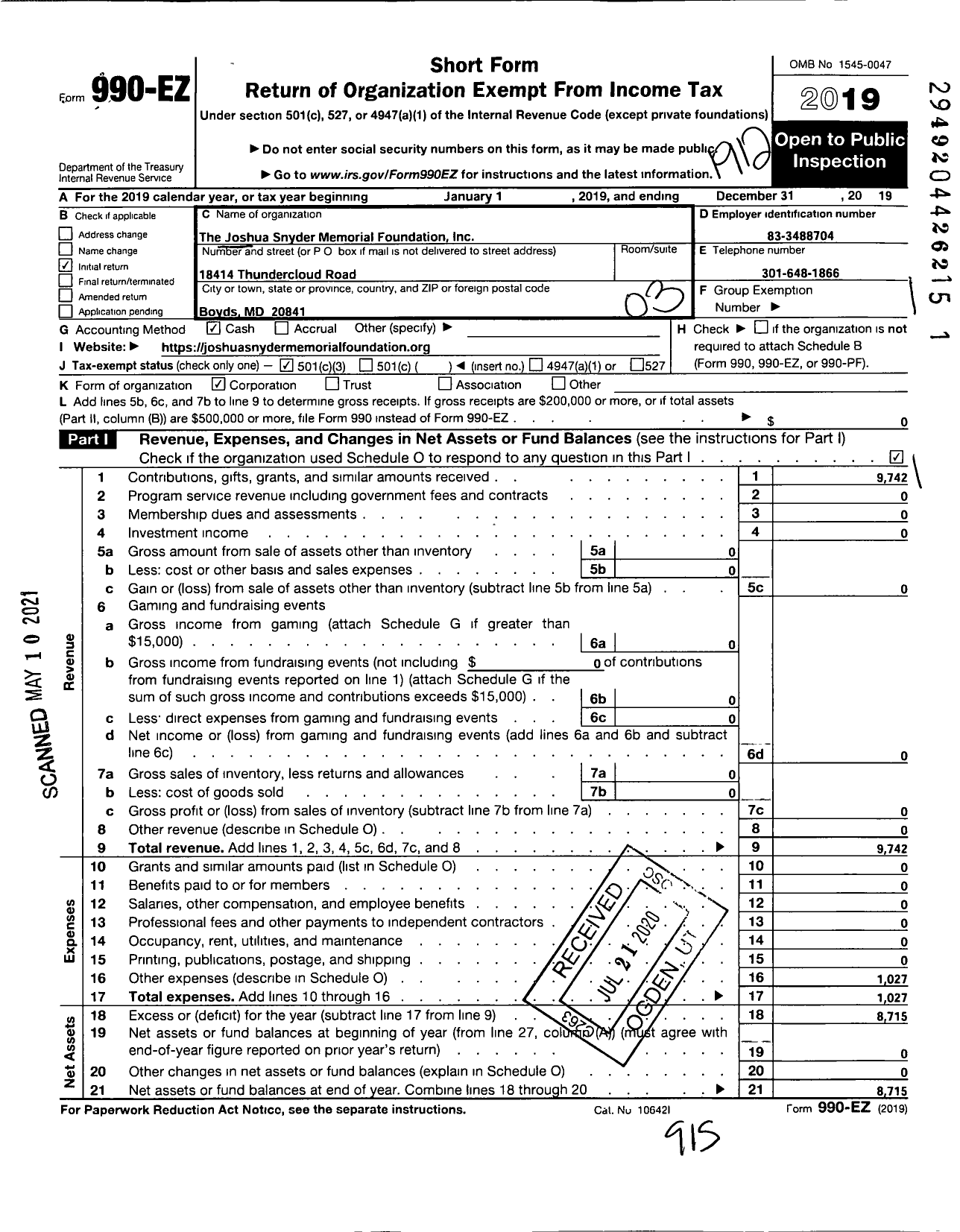 Image of first page of 2019 Form 990EZ for The Joshua Snyder Memorial Foundation